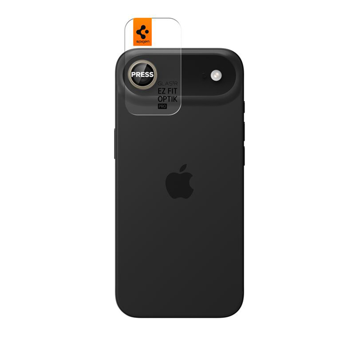 iPhone noir avec protecteur d'écran Spigen. Le protecteur a des instructions de pression. Logo Apple visible.
