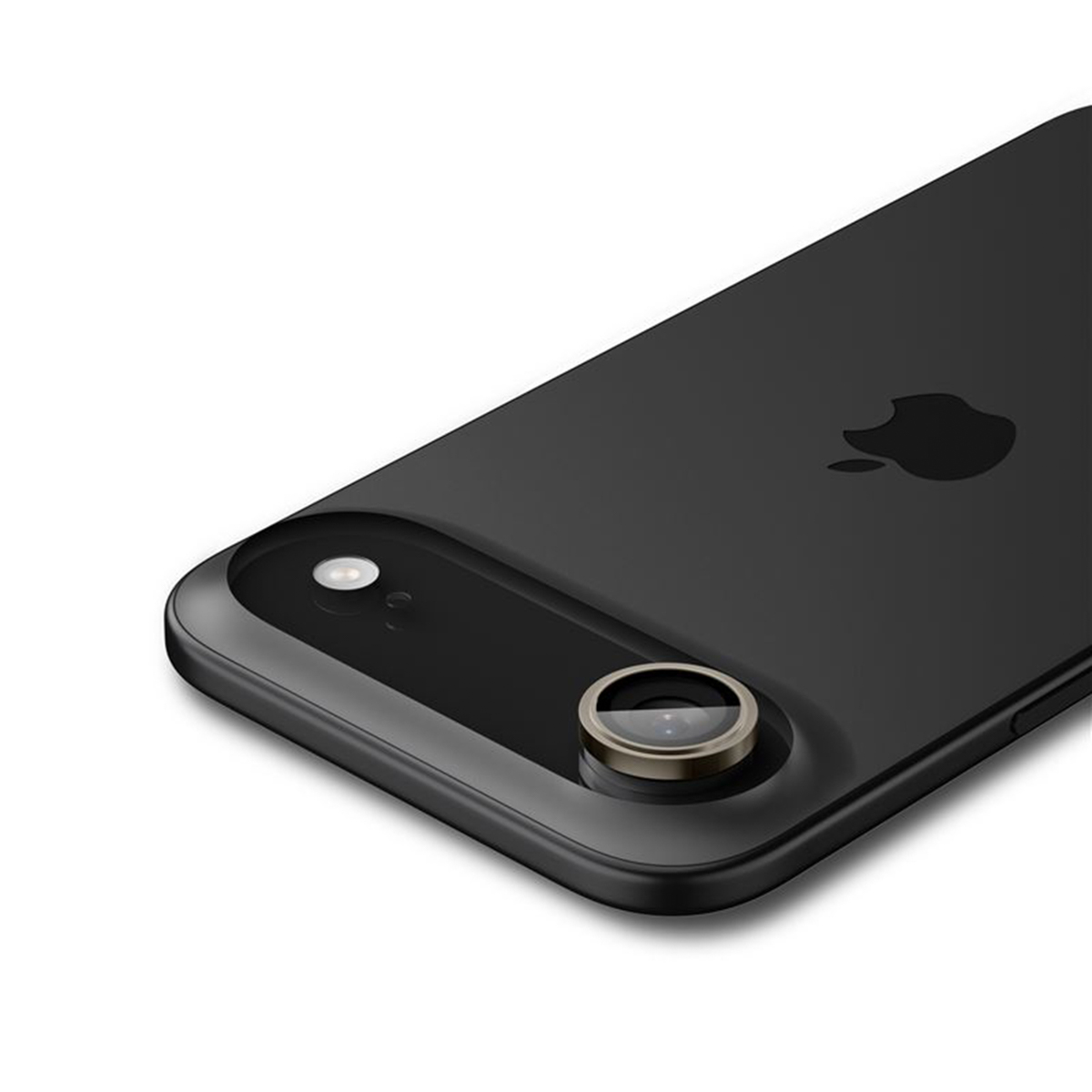 Gros plan sur l'arrière d'un iPhone noir. Les objectifs de l'appareil photo sont visibles. Le logo Apple est présent. Le fond est blanc.