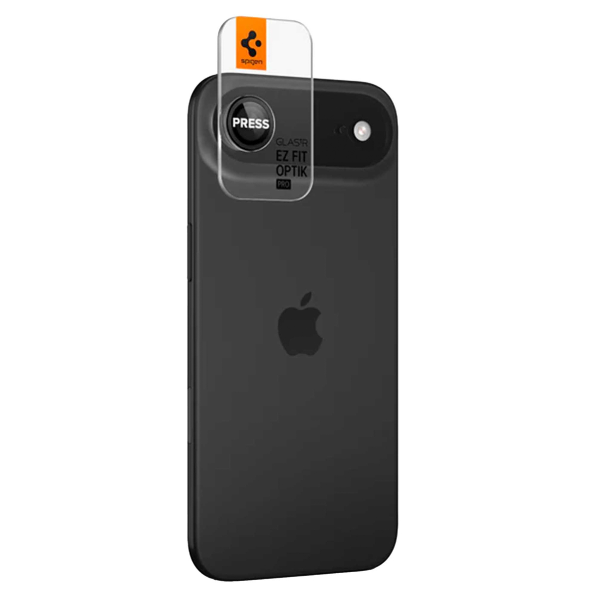 Un iPhone nero con protezione per l'obiettivo. La protezione riporta la parola 'PRESS', il marchio e i dettagli.