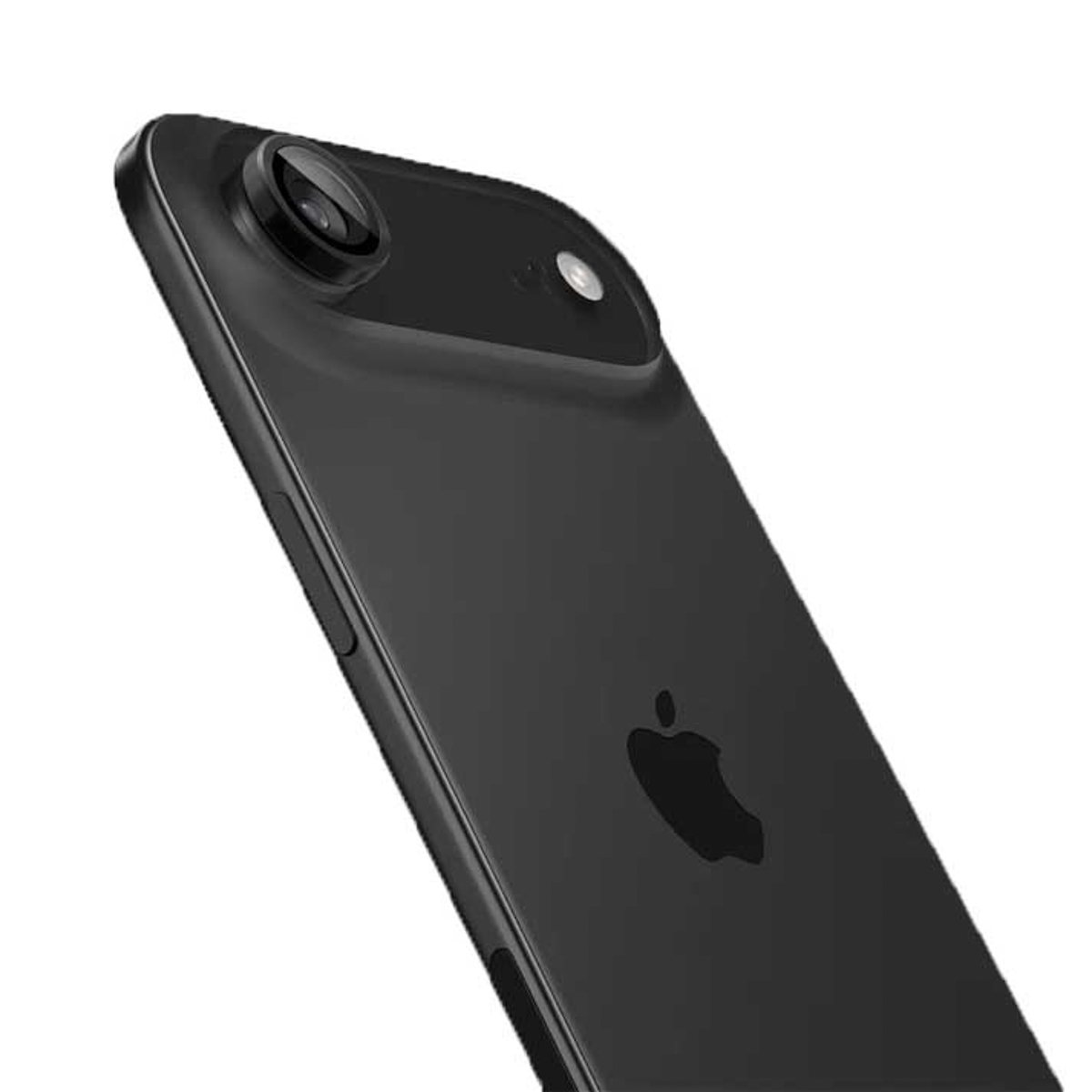 Primo piano di un iPhone nero con obiettivo. Il logo Apple è visibile. Lo sfondo è bianco.