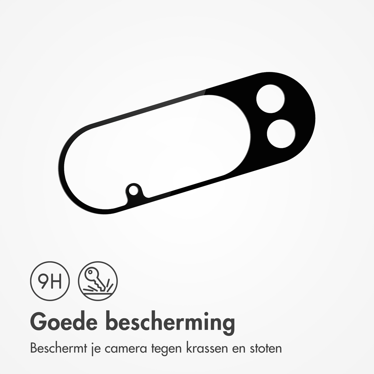 A black camera protector with two circles and an oval shape. Text below says 'Goede bescherming' and protects against scratches.