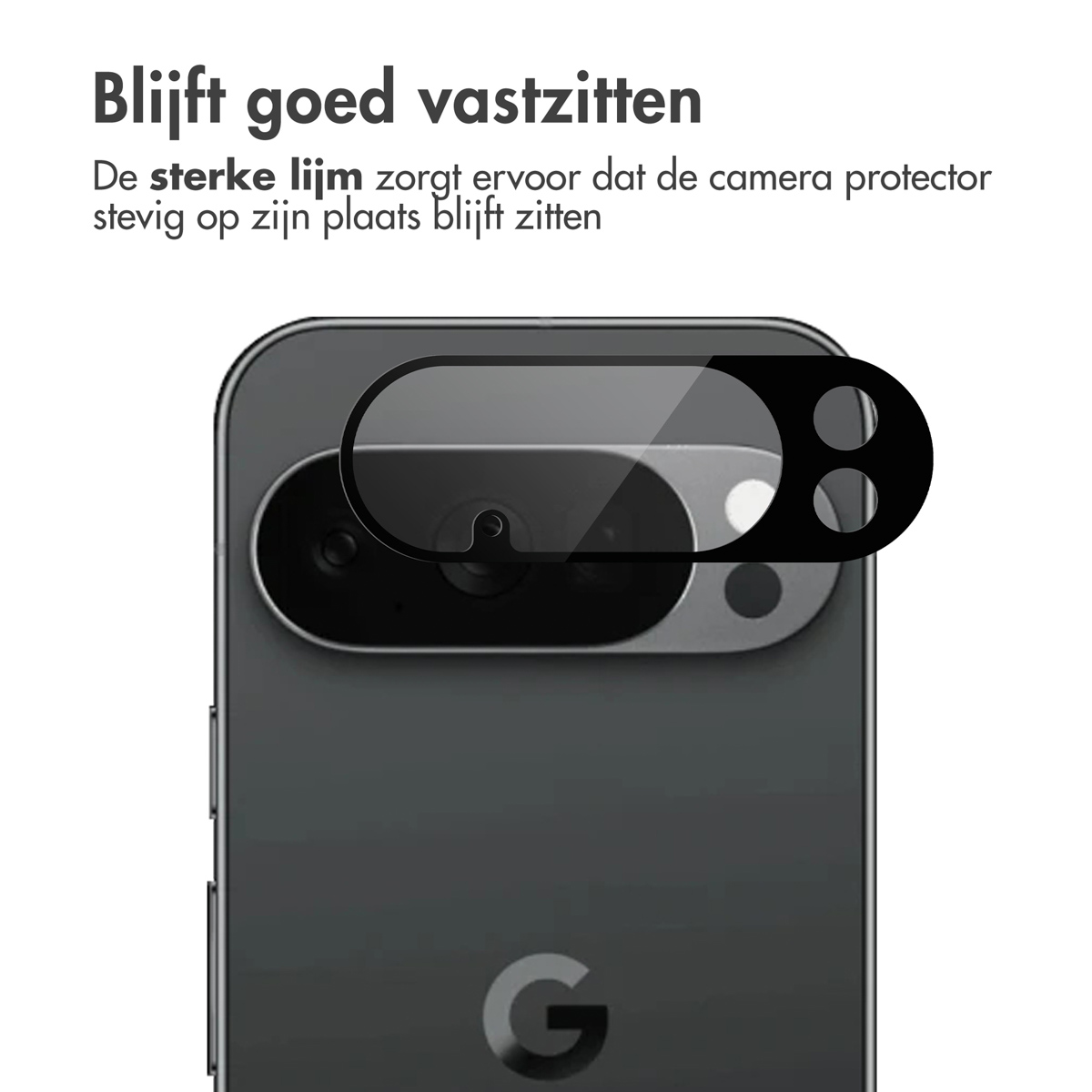 A phone back with a camera protector. Text in Dutch says it sticks well. The phone has the Google logo.