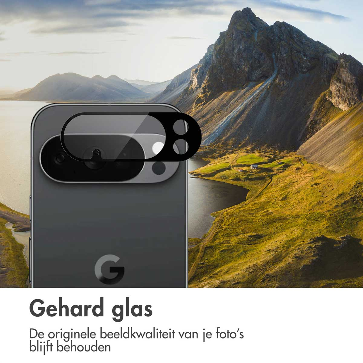 A phone with a screen protector is placed against a landscape of mountains, a lake, and a cloudy sky.