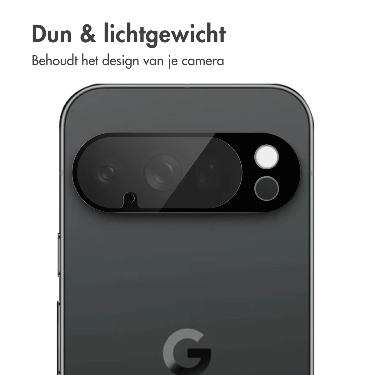 A close-up of a phone's back. It features a camera module and the Google logo. Text at the top reads 'Thin & Lightweight'.