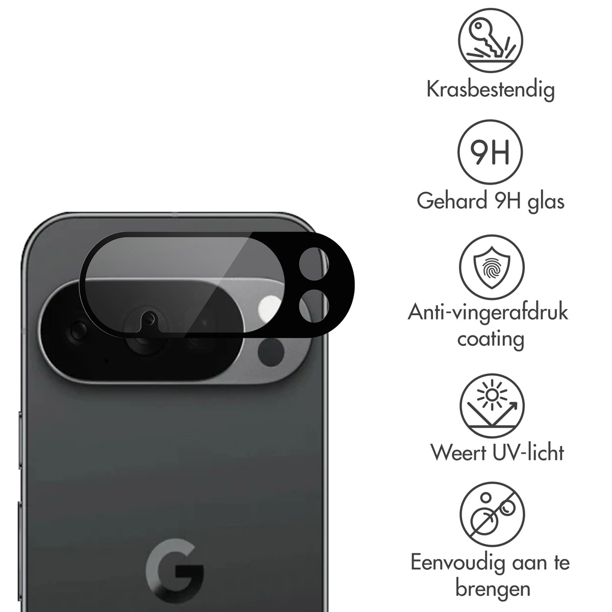 A phone with a screen protector. Text describes features: scratch-resistant, 9H glass, anti-fingerprint coating, UV-resistant, easy to apply.