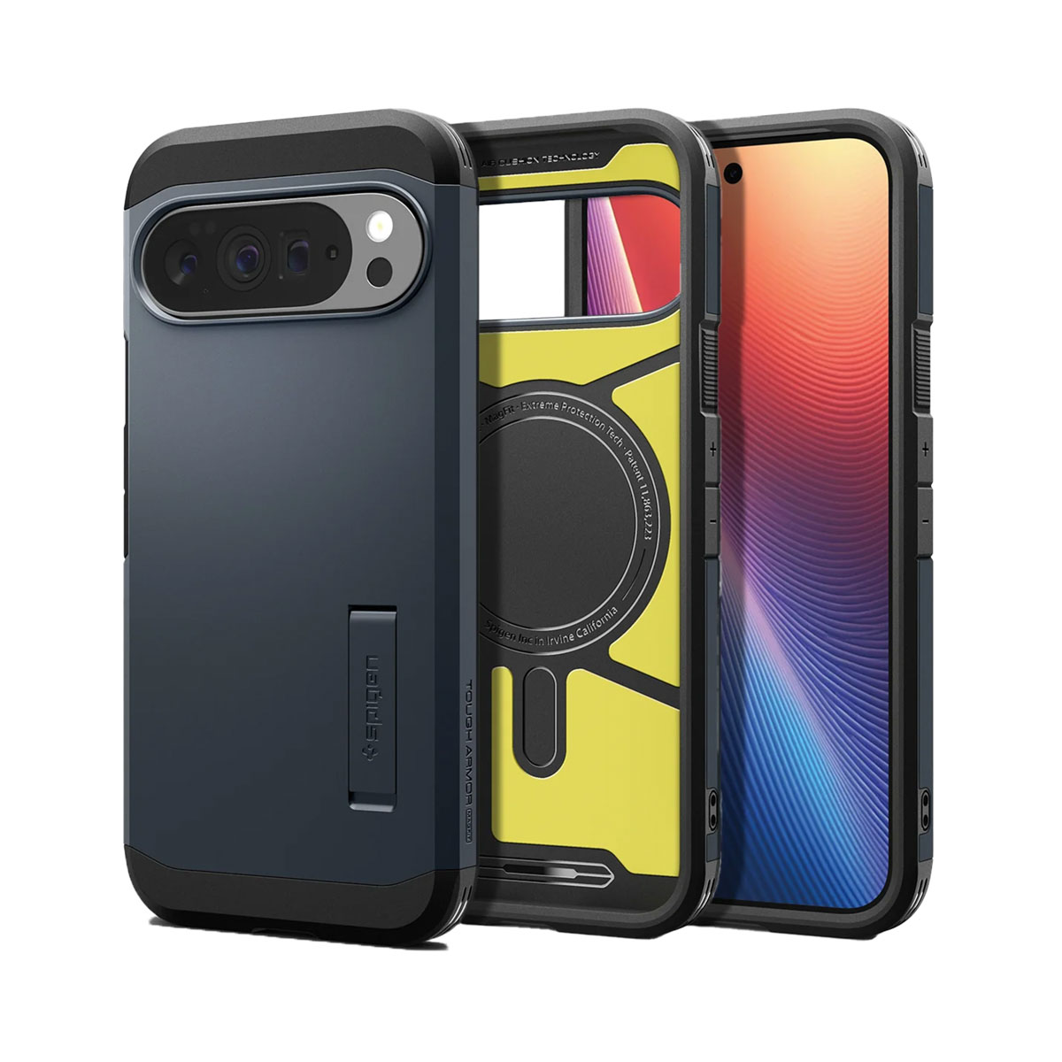 Drie telefoonhoesjes: donkerblauw, geel en zwart. Eén hoesje heeft een telefoon erin, met een kleurrijk scherm. Het 'Spigen'-logo is zichtbaar.
