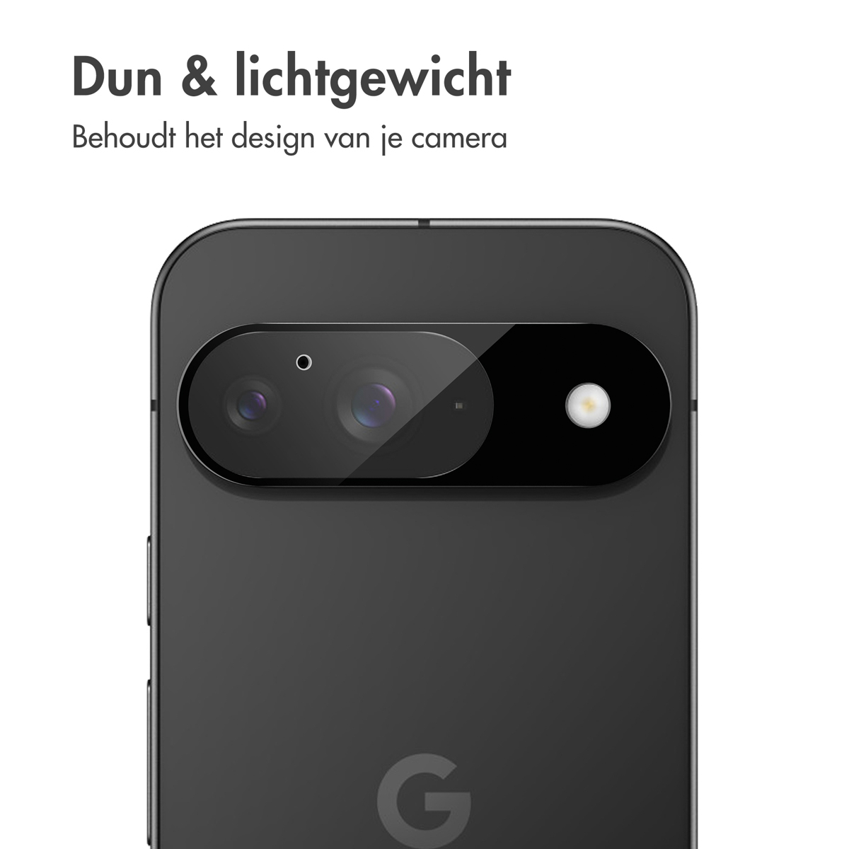 A close-up of a black phone's camera, with a lens protector. The phone has a 'G' logo. Text above says 'Thin & lightweight'.