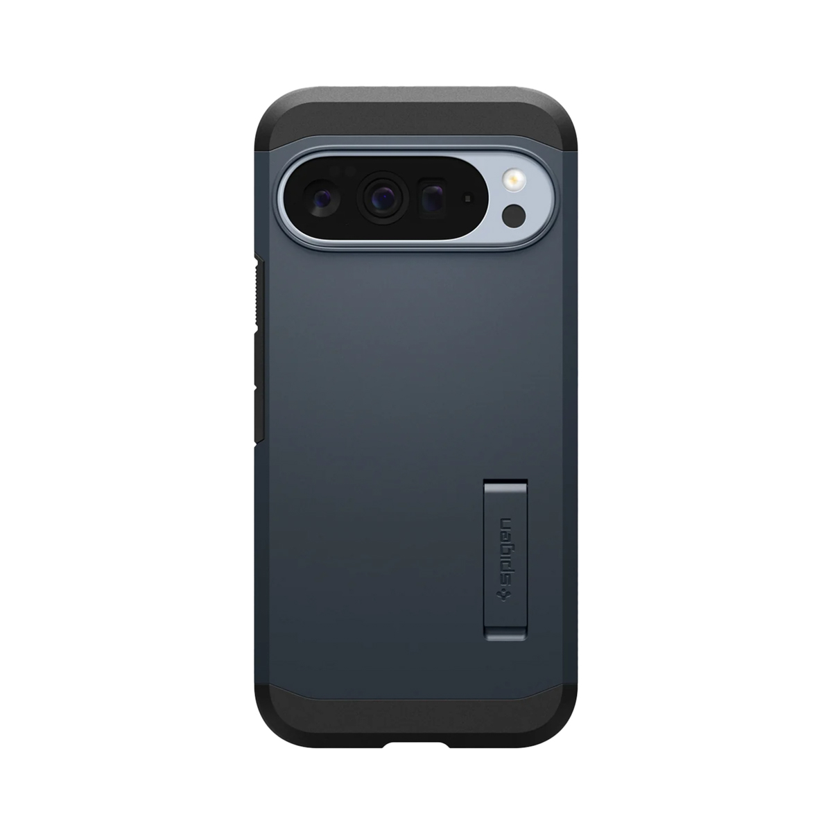 Een donkerblauwe telefoonhoes met een zwart frame. Het heeft een camera-uitsparing en een standaard. Het merk 'Spigen' is zichtbaar.