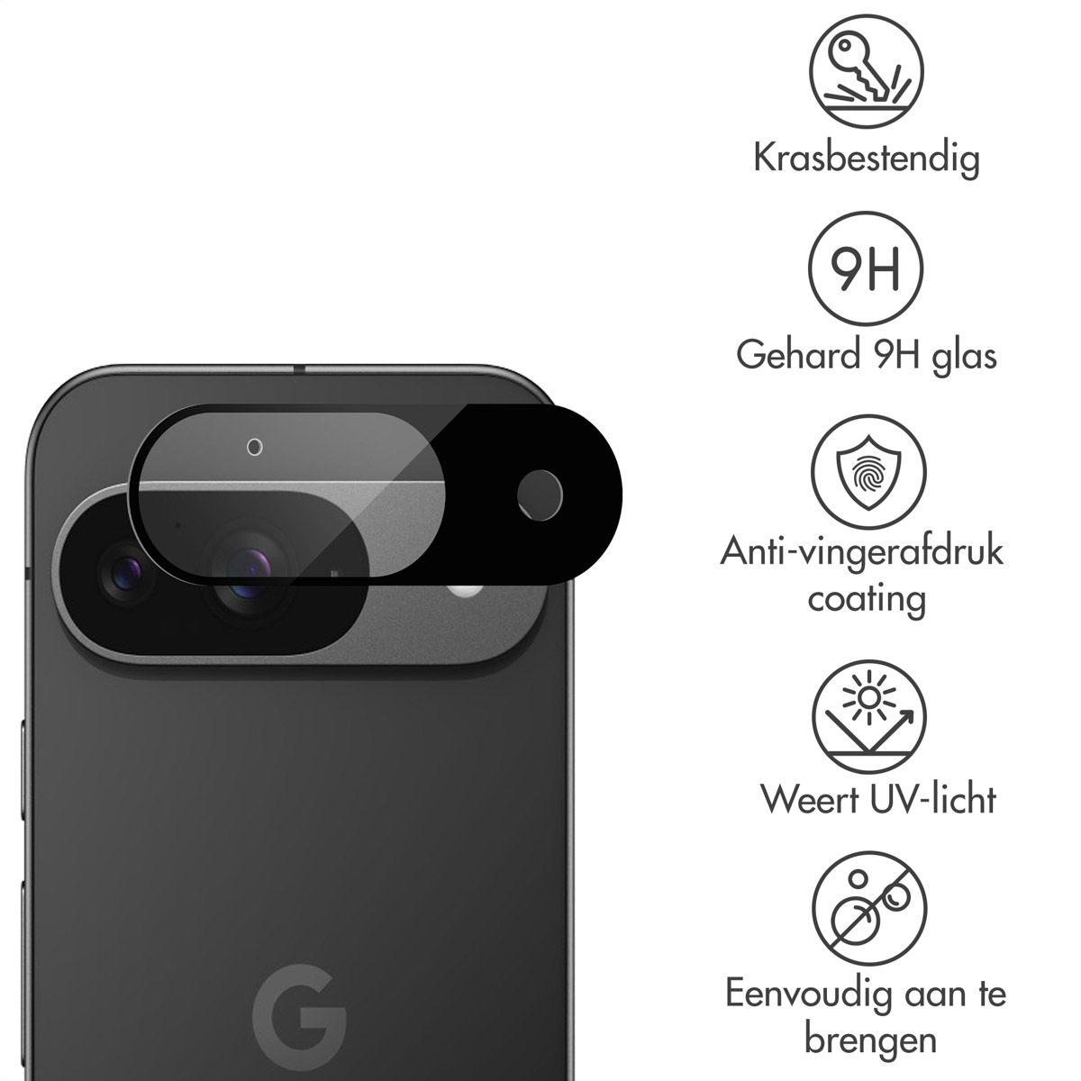 A phone with a screen protector. Text describes features: scratch-resistant, 9H glass, anti-fingerprint, UV-light resistant, easy to apply.