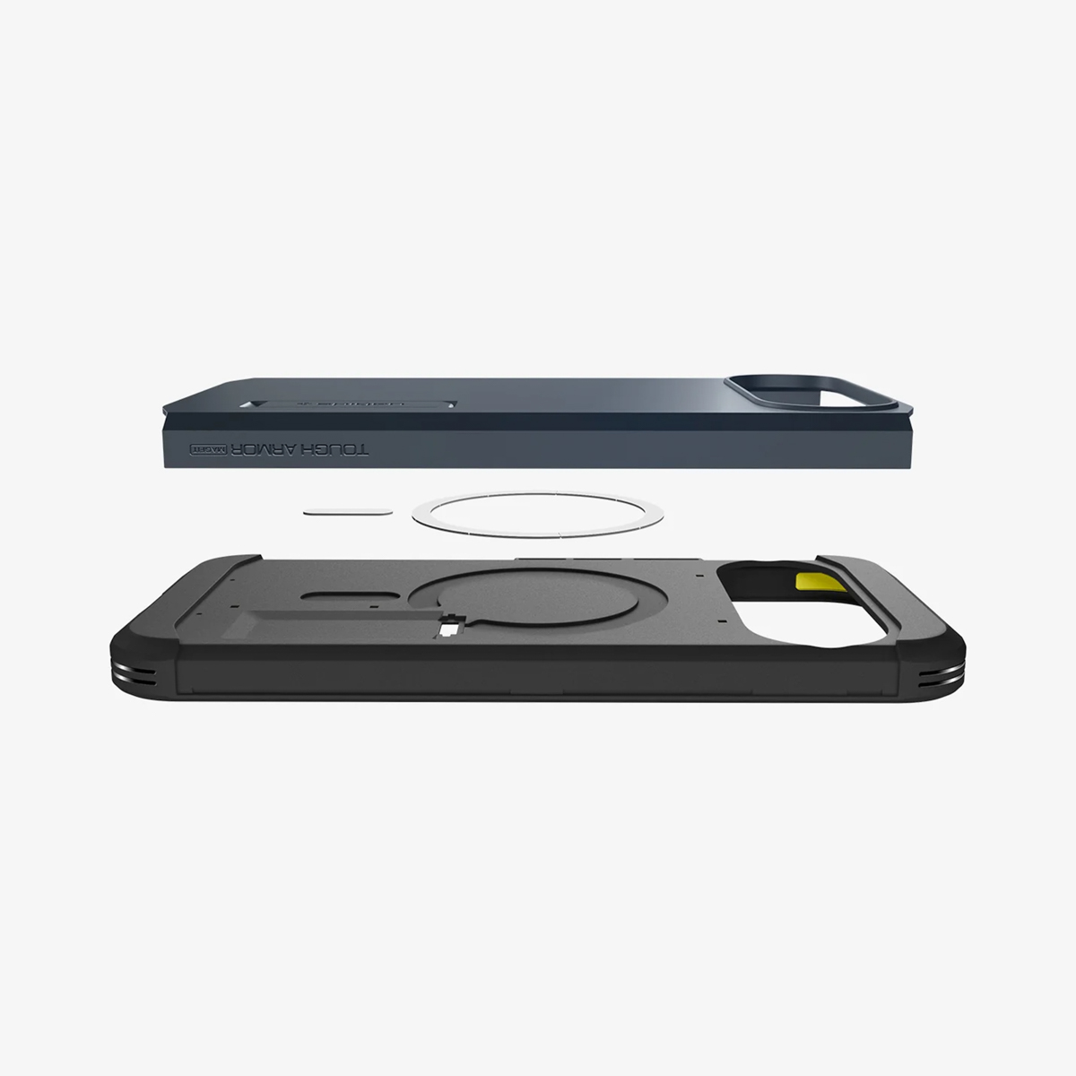 Onderdelen van een telefoonhoesje gedemonteerd. Twee zwarte hoesjes, een witte ring en een gele accentkleur op witte achtergrond.