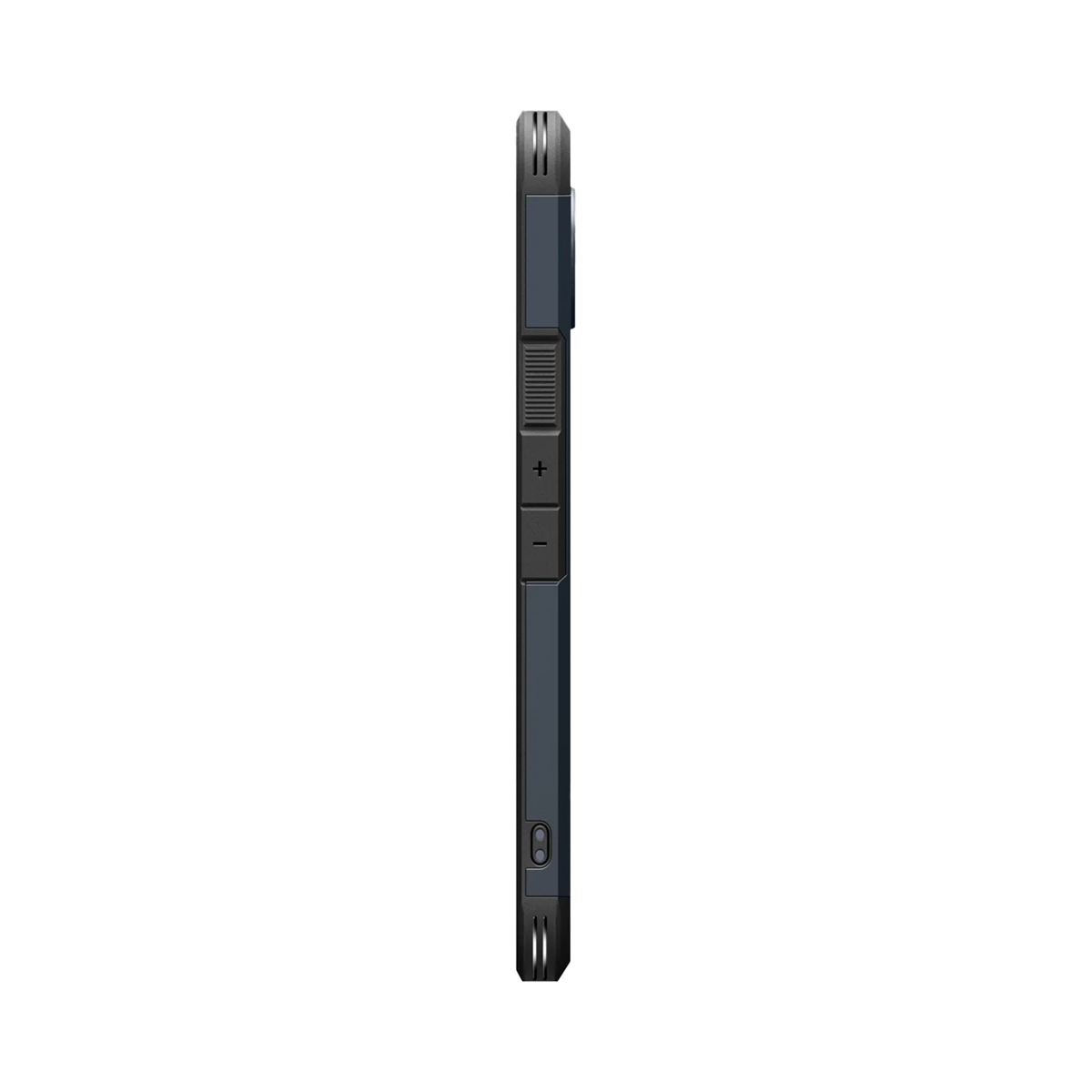 Zijaanzicht van een donkere telefoonhoes. Zichtbaar zijn volumeknoppen, aan/uit-knop en een poort. De achtergrond is wit.