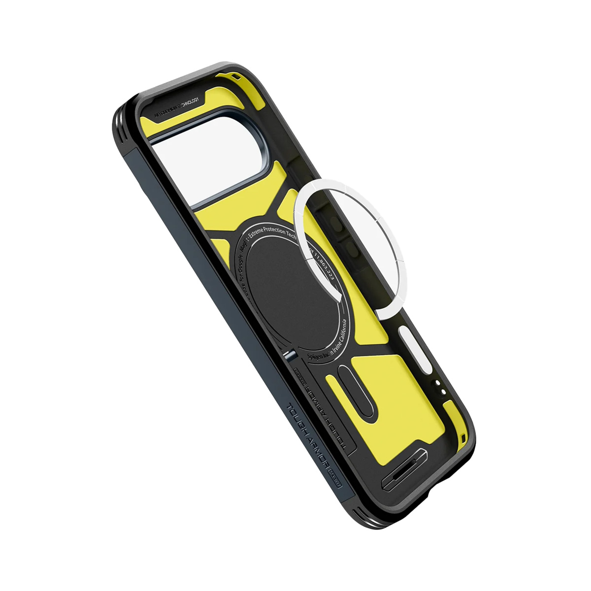 Zwarte en gele telefoonhoes met een doorzichtige ringstandaard. De hoes heeft een beschermend ontwerp en is onder een hoek tegen een witte achtergrond.