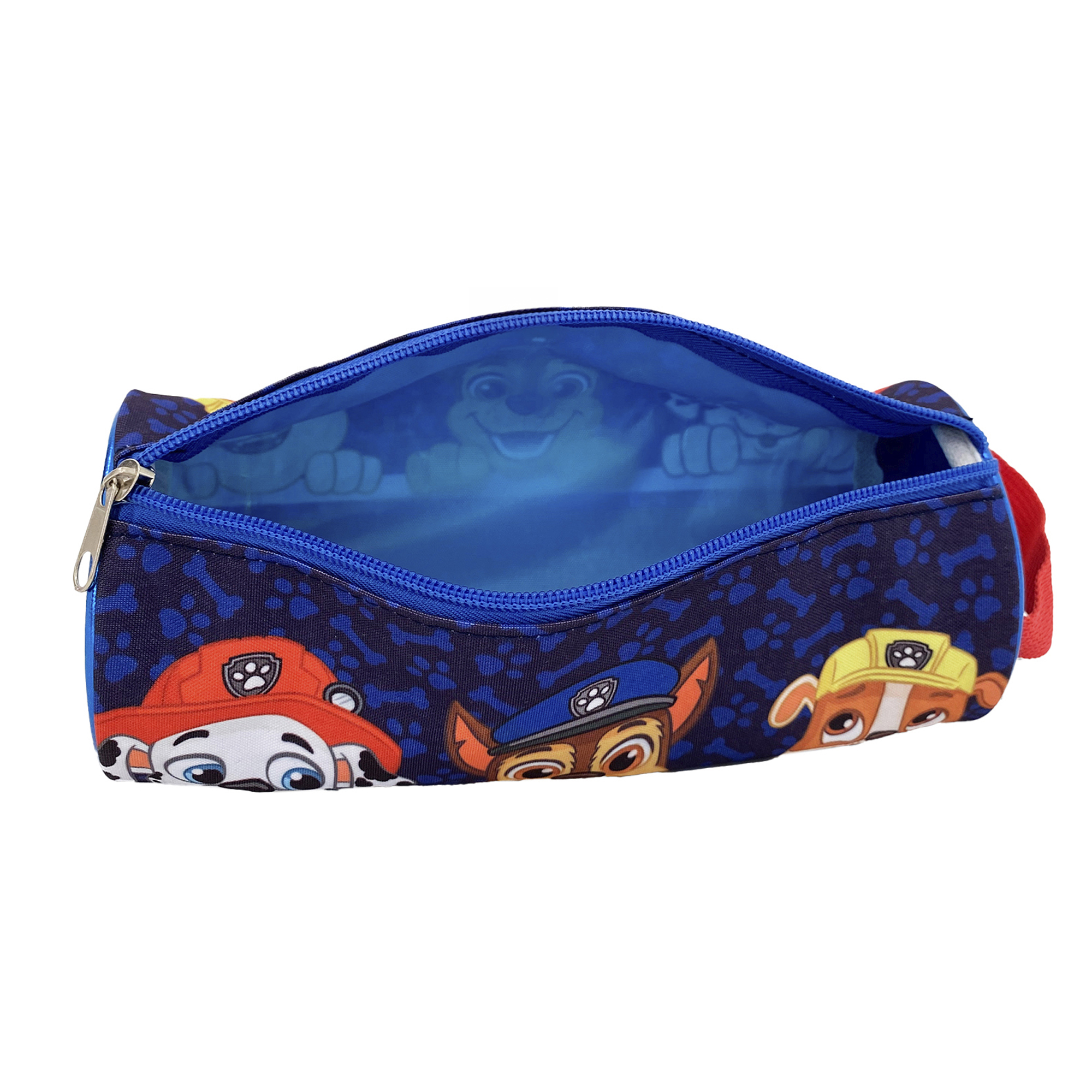 Estuche de Paw Patrol abierto. Presenta a Chase, Marshall y Rubble. Fondo azul oscuro con huellas de patas.