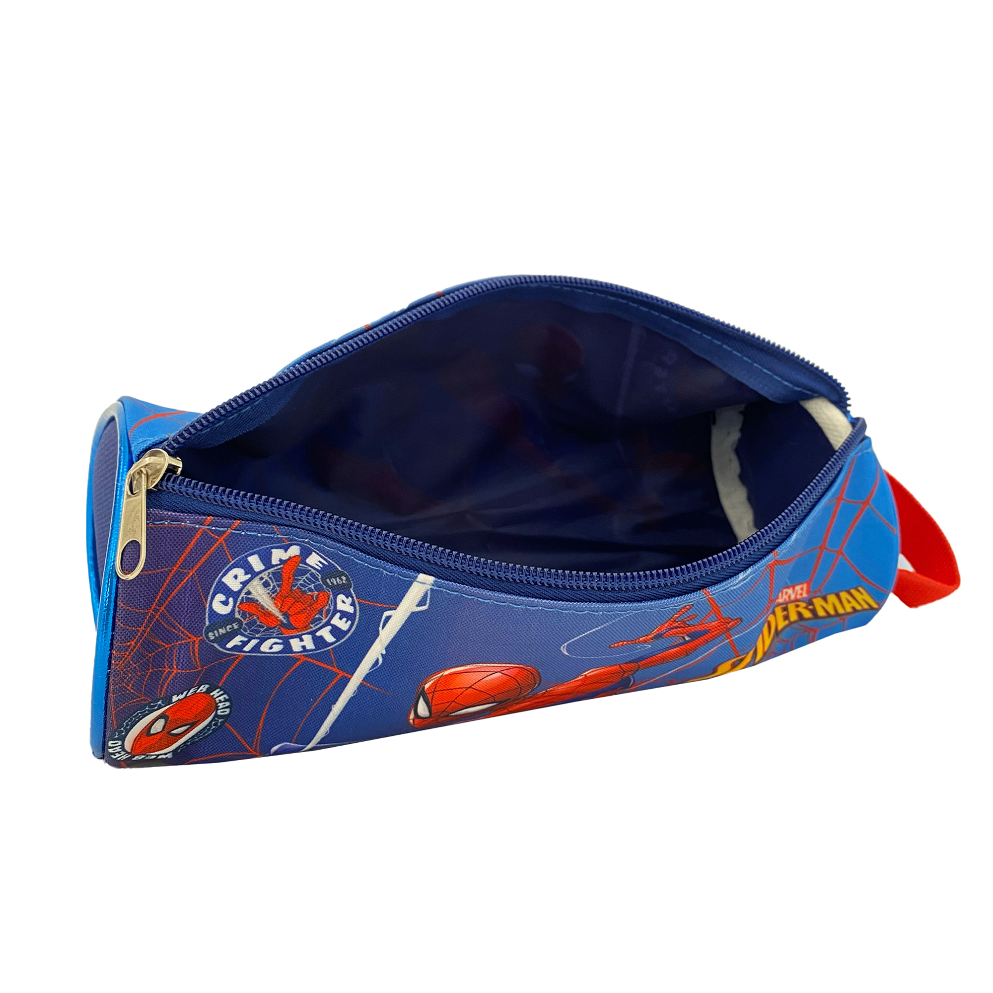 Estuche azul abierto de Spider-Man con cremallera, correa roja e ilustraciones de Spider-Man.