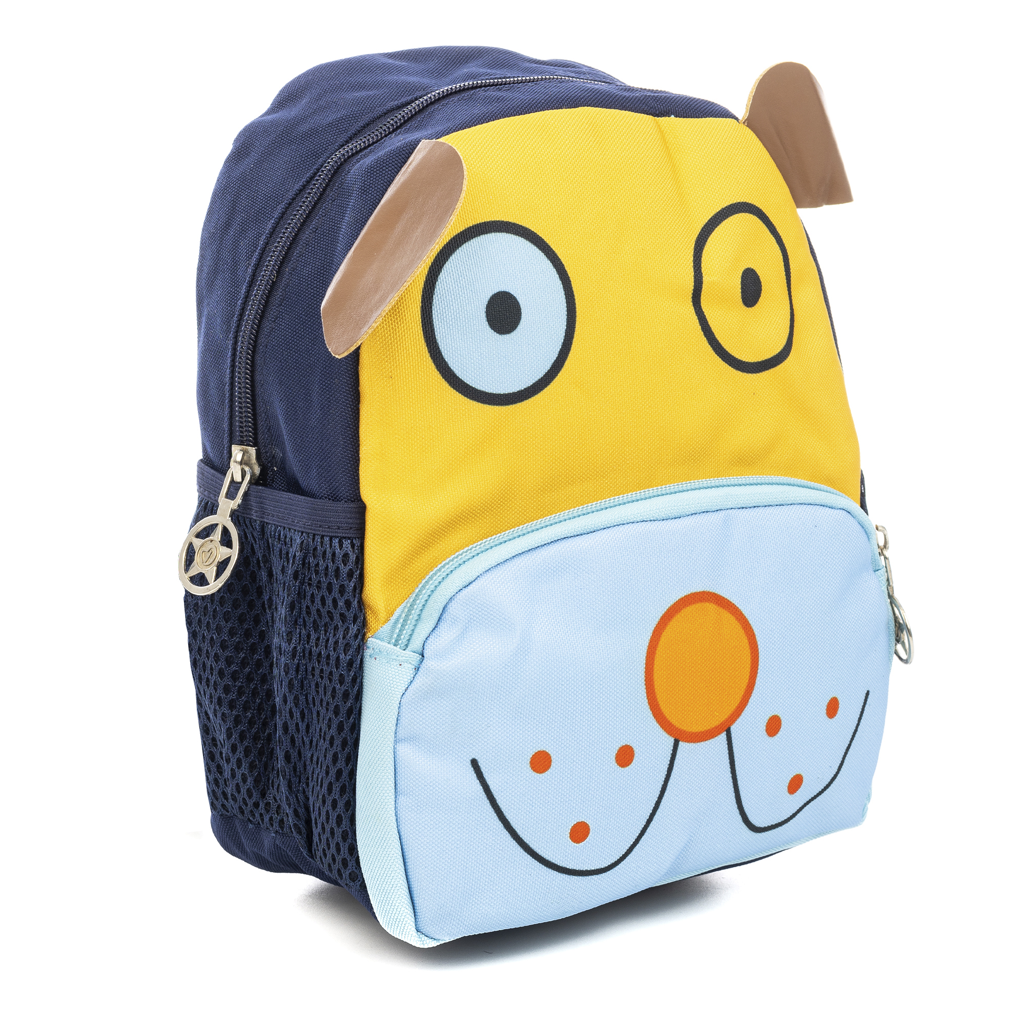 Uno zaino a forma di cane. Ha una faccia gialla con occhi e orecchie blu e un naso azzurro. Sfondo blu scuro e bianco.