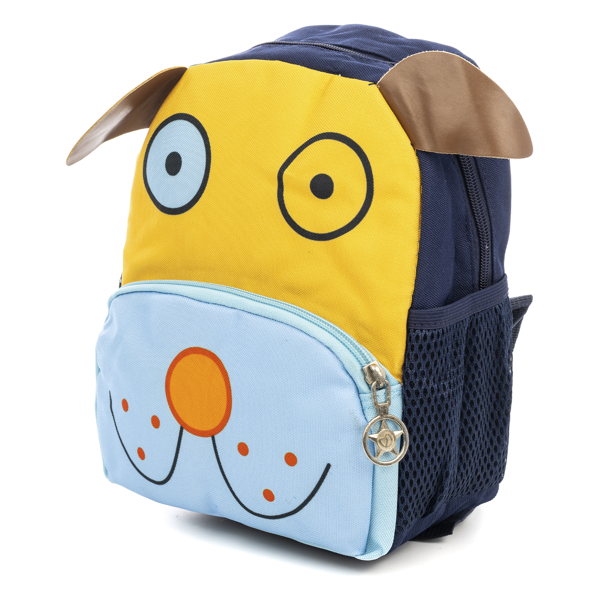 Uno zaino a forma di cane con colori giallo, blu e marrone. Ha un design a forma di faccia sorridente. Lo sfondo è bianco.
