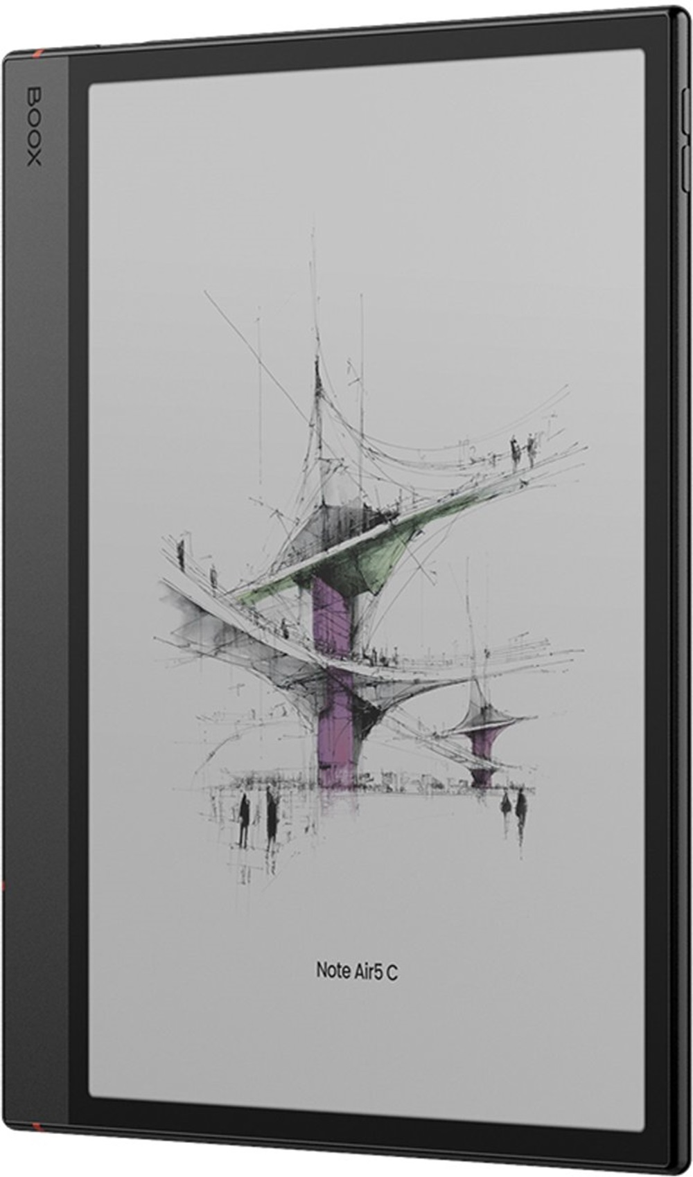 Una tableta muestra un boceto arquitectónico con acentos morados y verdes. Está etiquetada como Note Air5 C. La tableta tiene un marco negro.