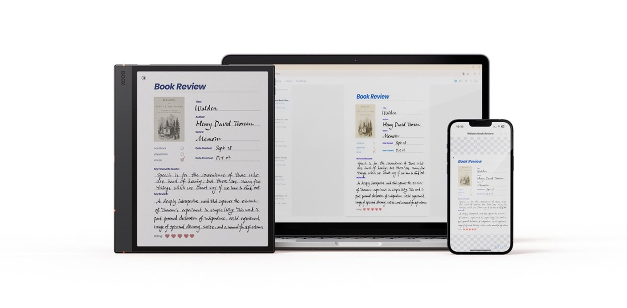 Tres dispositivos que muestran una reseña de libro: un lector electrónico, un portátil y un teléfono inteligente, todos mostrando el mismo contenido.