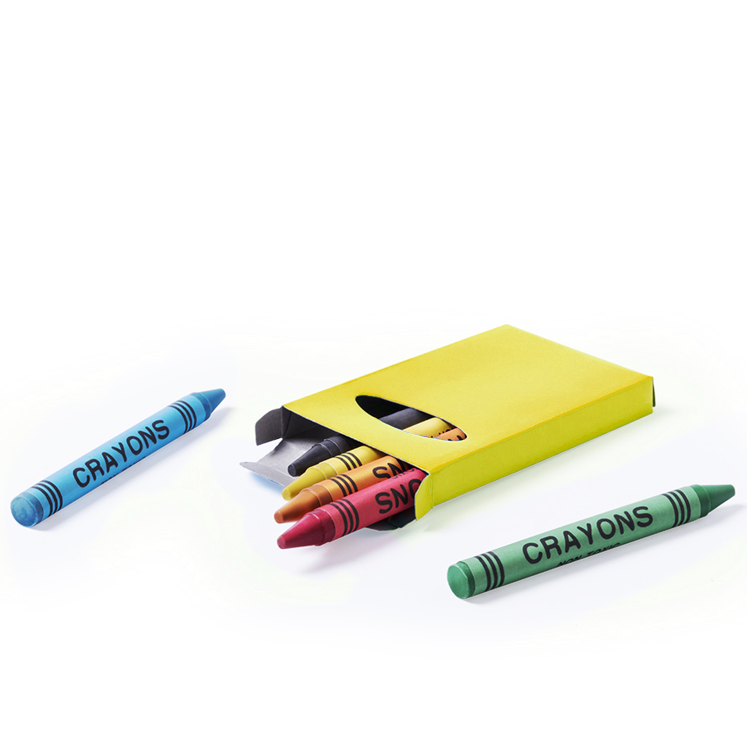 Una caja amarilla de crayones con varios crayones dentro y dos crayones individuales. Los crayones son azules y verdes.