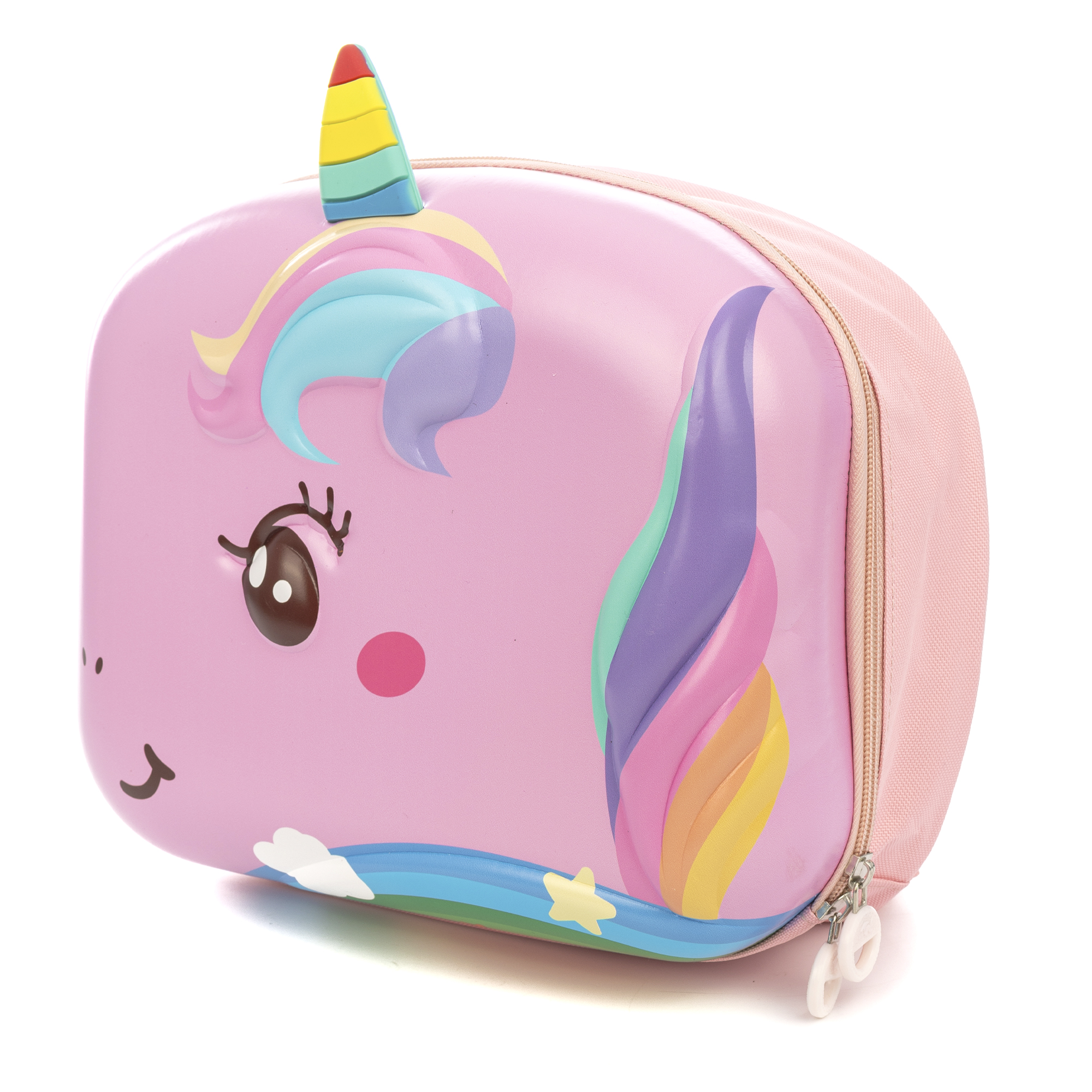 Valigia unicorno rosa con criniera e corno arcobaleno, sfondo bianco. Ha una cerniera e una maniglia.