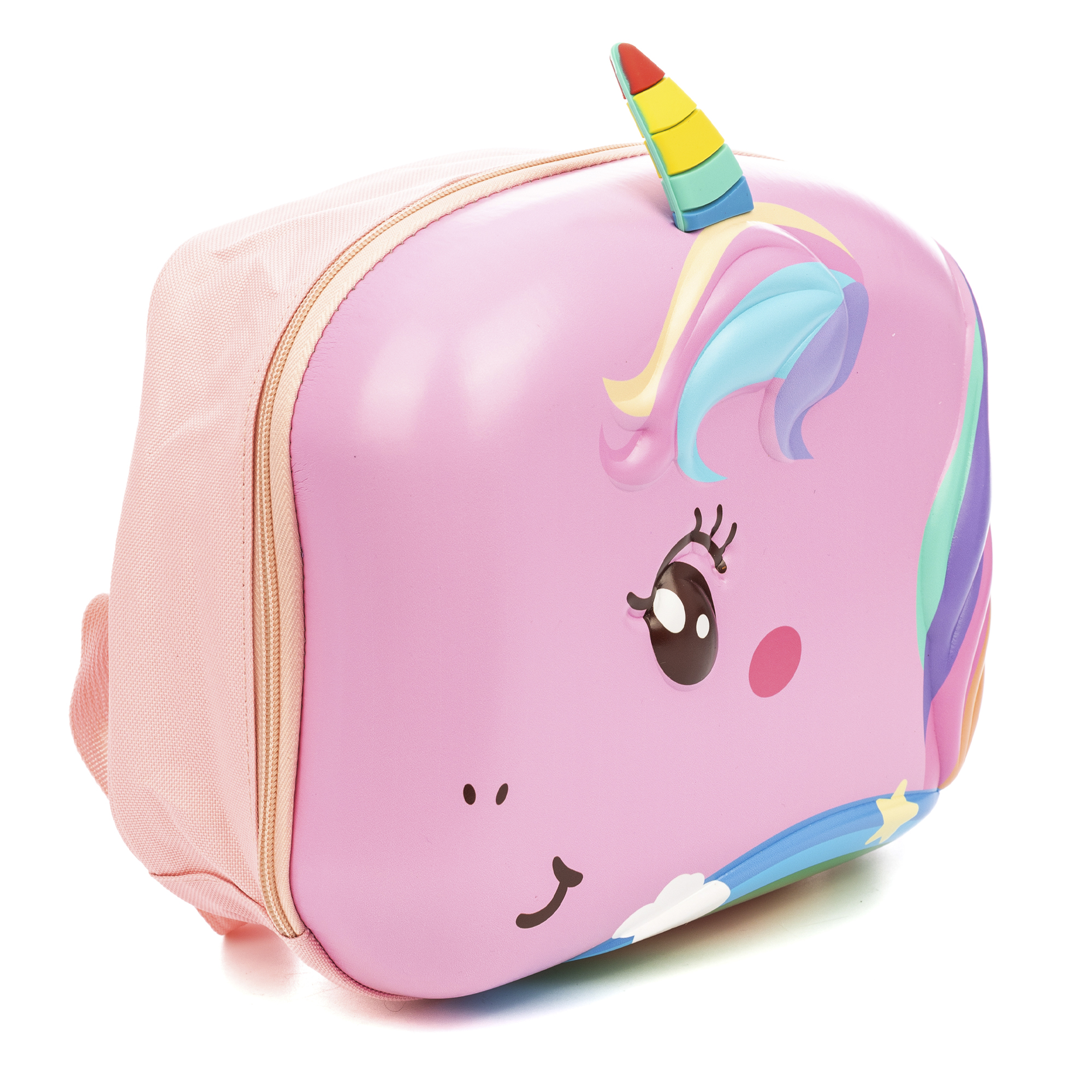 Zaino rosa a forma di unicorno. Ha un corno arcobaleno, una criniera colorata e una faccia sorridente.