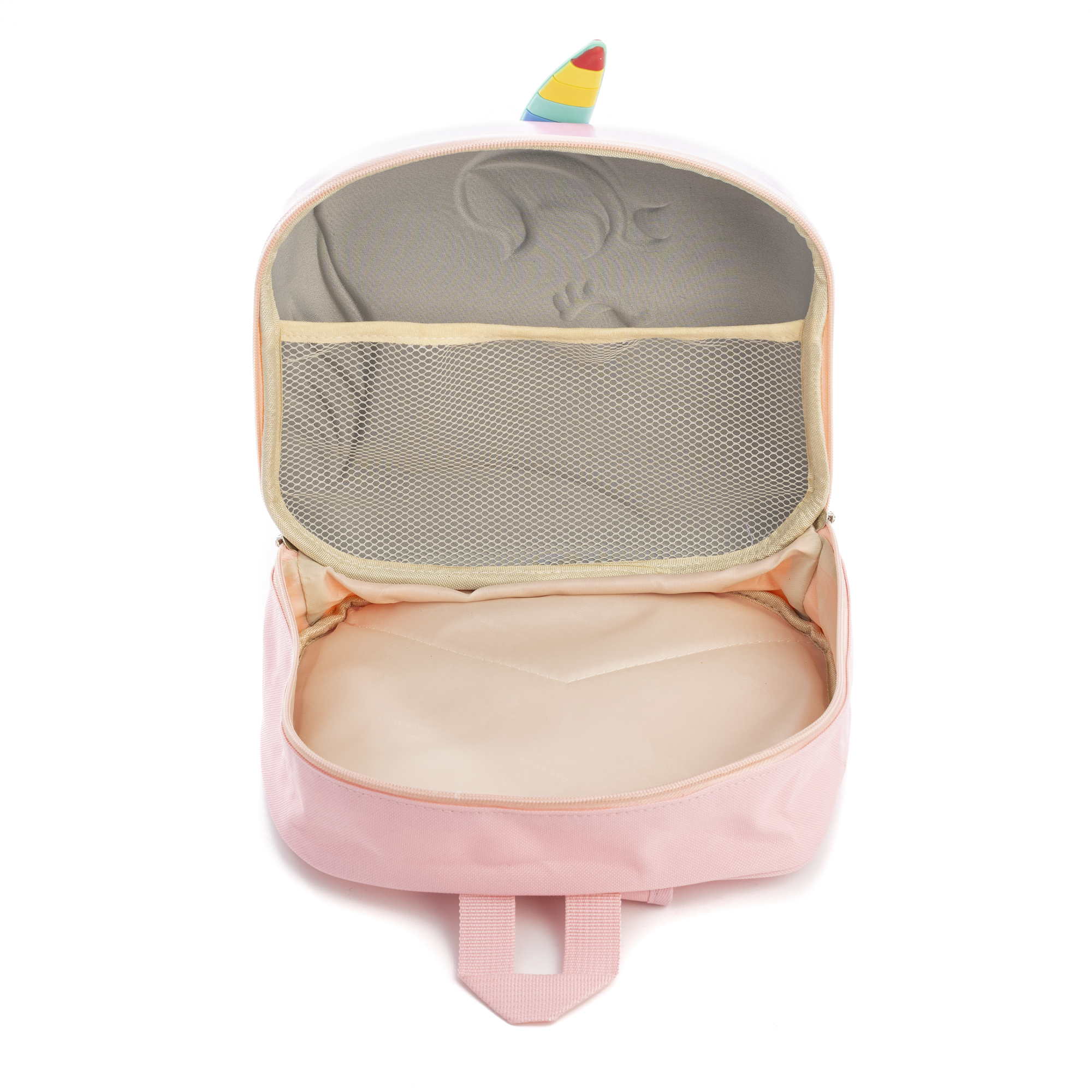 Zaino unicorno rosa con scomparti aperti, tasca a rete e corno arcobaleno su sfondo bianco.