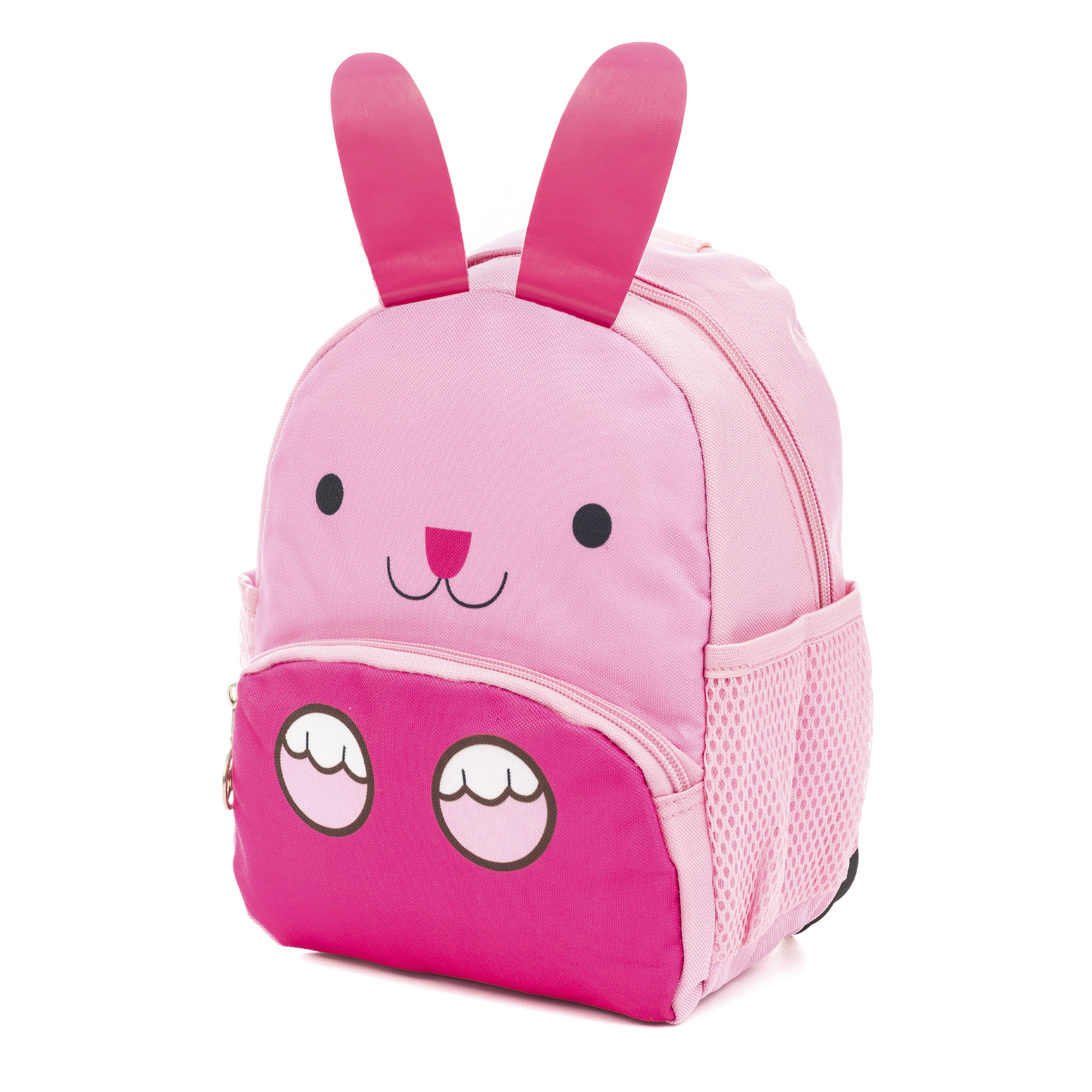 Uno zaino a forma di coniglio rosa con orecchie. Ha una faccia sorridente, una tasca laterale a rete e una sezione inferiore rosa.