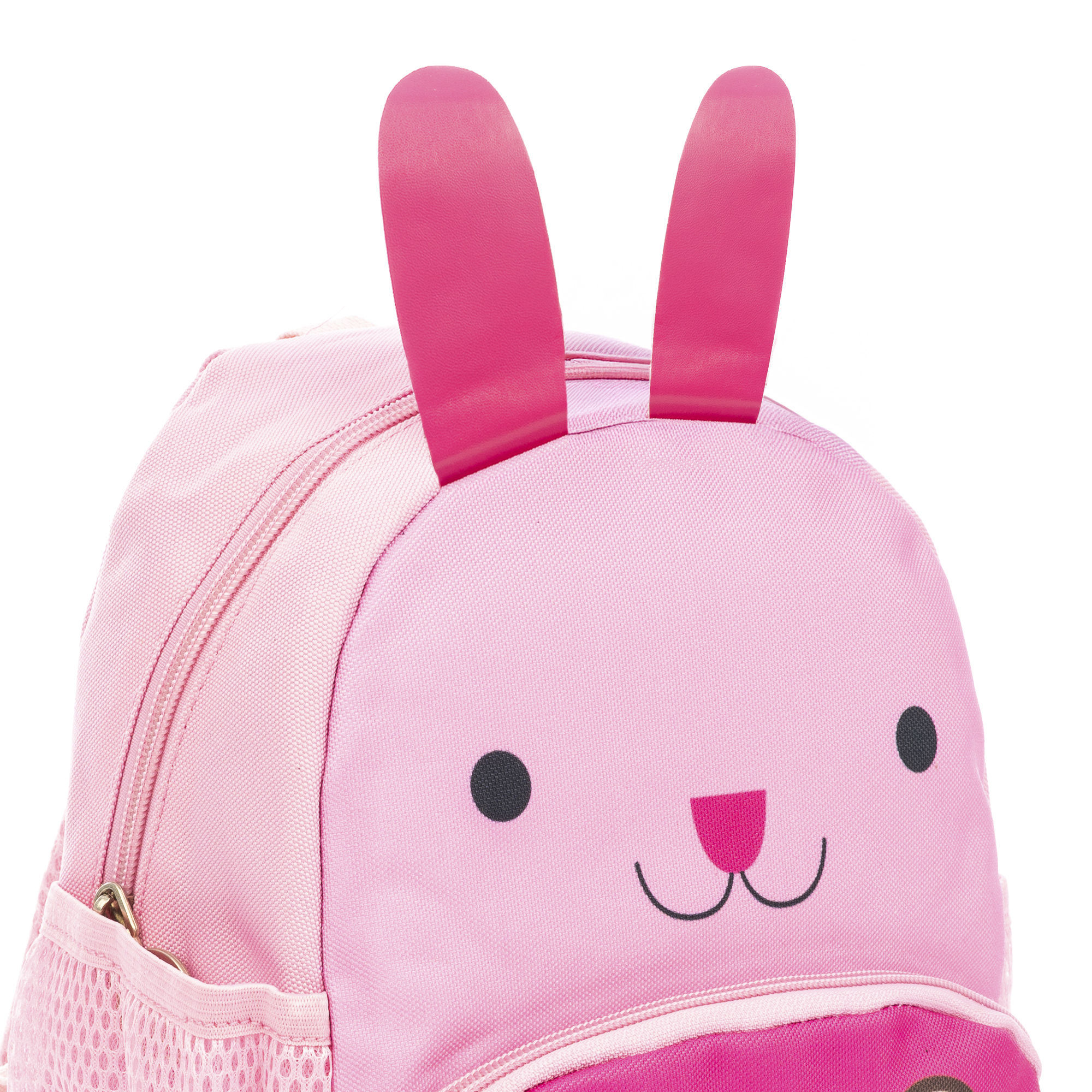 Zaino rosa a forma di coniglio con orecchie rosa scuro, occhi neri e naso rosa su sfondo bianco.
