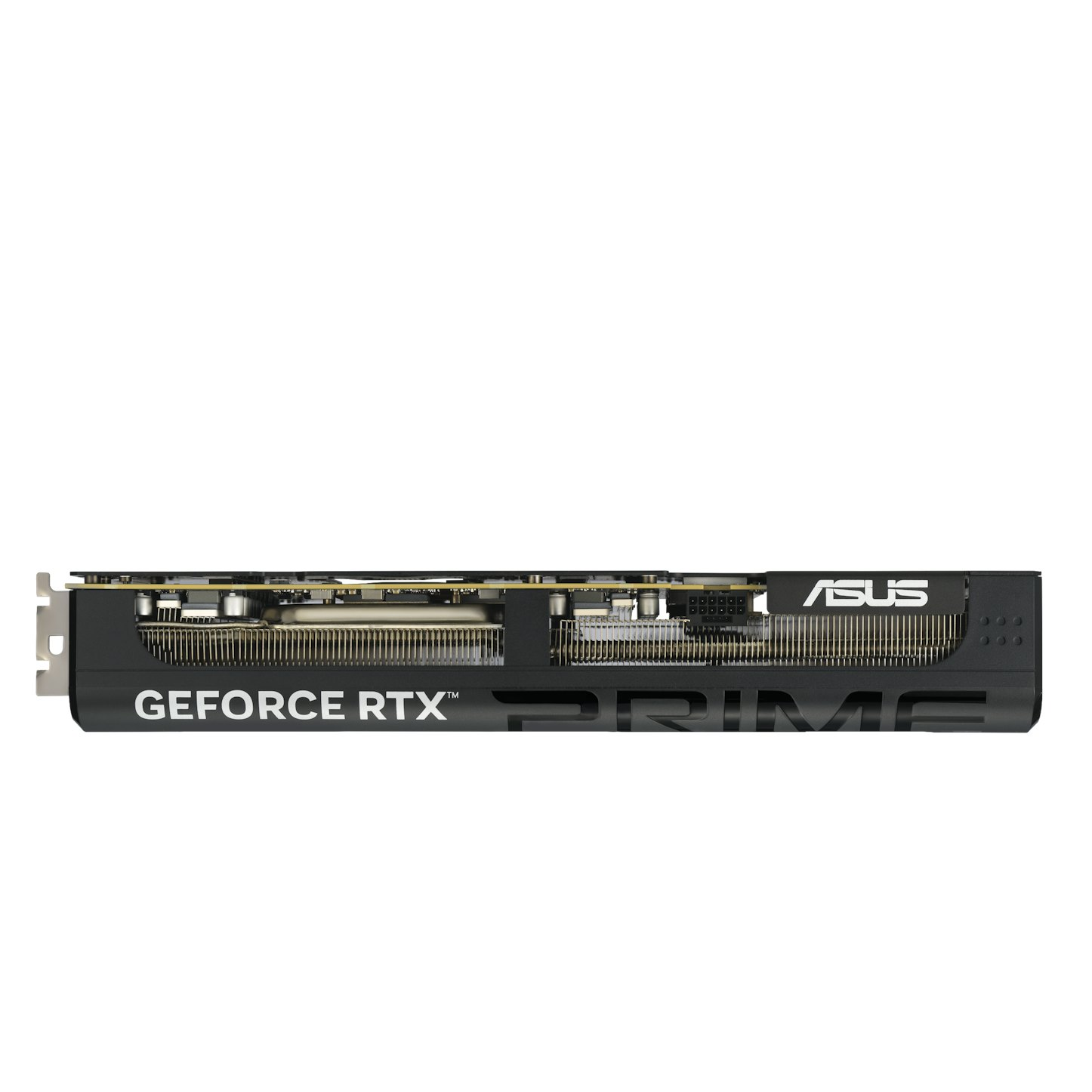 Een zwarte ASUS GeForce RTX PRIME grafische kaart, met goudkleurige vinnen en het ASUS-logo zichtbaar. De achtergrond is wit.