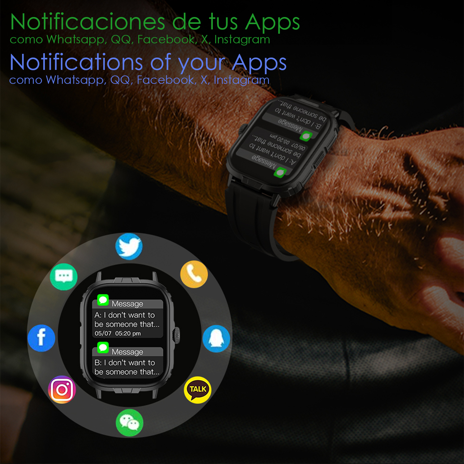 Uno smartwatch mostra le notifiche dei messaggi. È al polso di una persona. Le icone dei social media circondano l'orologio.