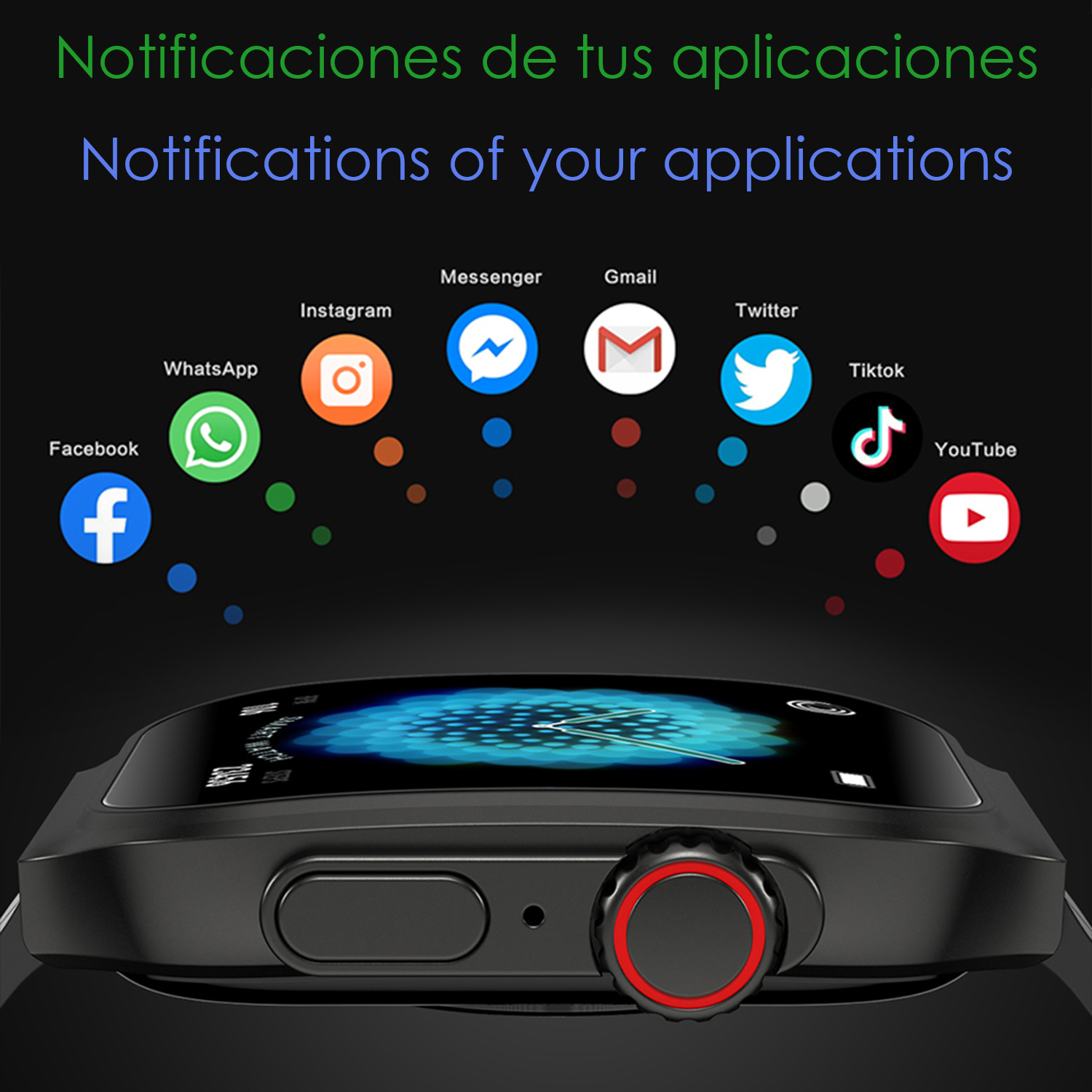 Uno smartwatch visualizza le notifiche delle app. Le app includono Facebook, WhatsApp, Instagram, Messenger, Gmail, Twitter, TikTok e YouTube.