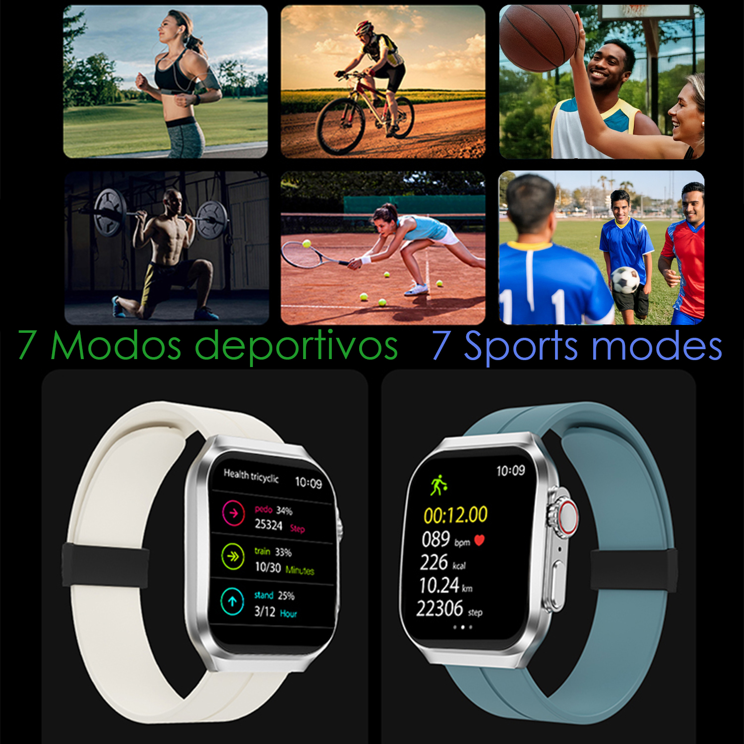Un collage che mostra varie scene sportive, tra cui corsa, ciclismo, basket, sollevamento pesi, tennis e calcio. Anche due smartwatch.