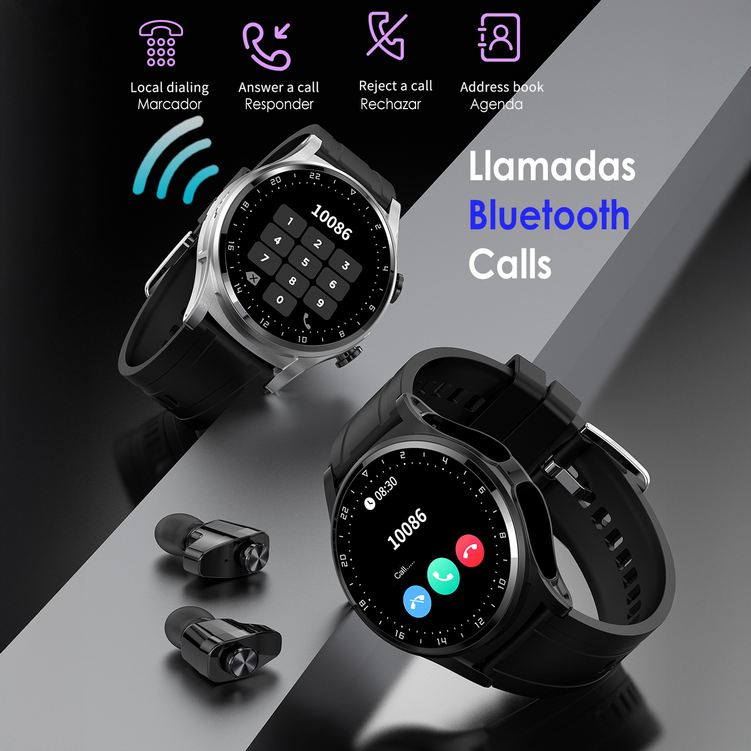 L'immagine mostra due smartwatch che mostrano interfacce di chiamata, con auricolari. Le icone indicano le funzioni di chiamata. Lo sfondo è una sfumatura.