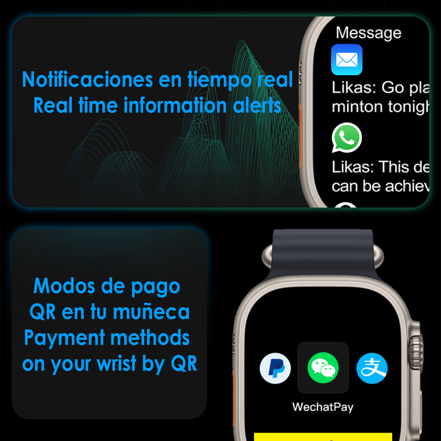 Schermo di smartwatch che mostra notifiche e metodi di pagamento. Sono visibili icone di messaggi e app di pagamento. L'orologio è al polso.