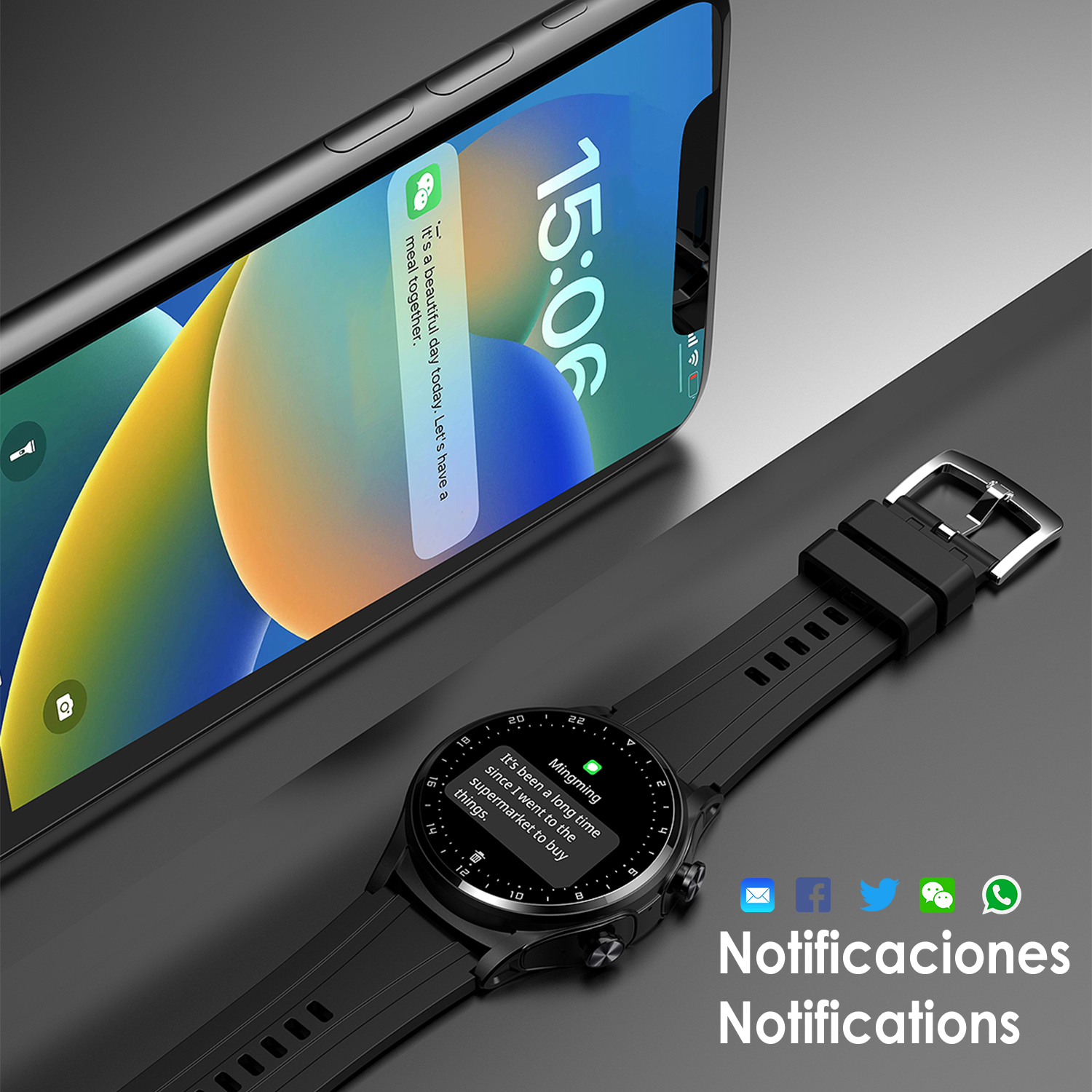 Uno smartphone visualizza una notifica. Uno smartwatch mostra un messaggio. Sotto, sono visibili le icone di e-mail, Facebook, Twitter, WeChat e WhatsApp.