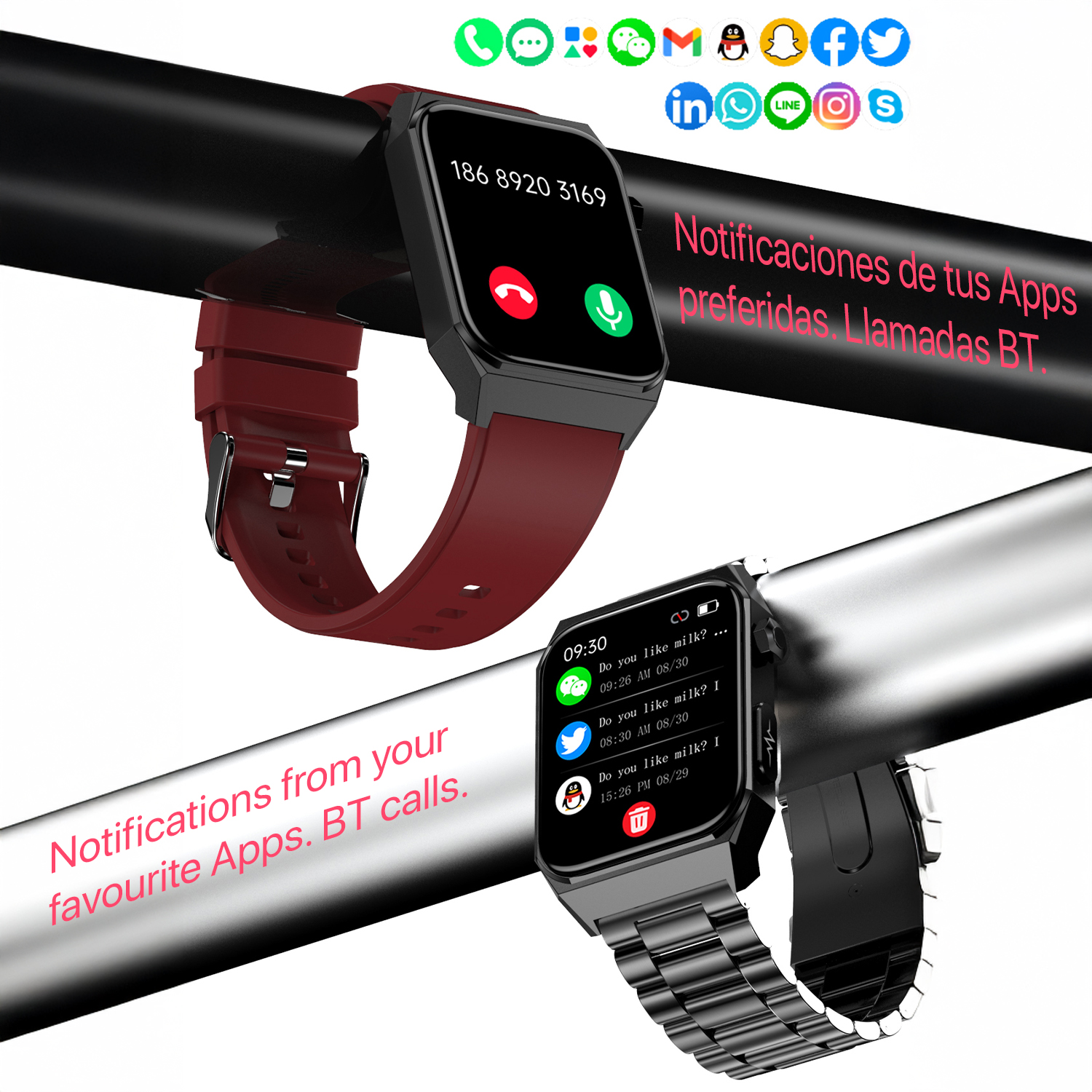 Due smartwatch su una barra nera. Uno con cinturino rosso mostra una schermata di chiamata, l'altro notifiche app.