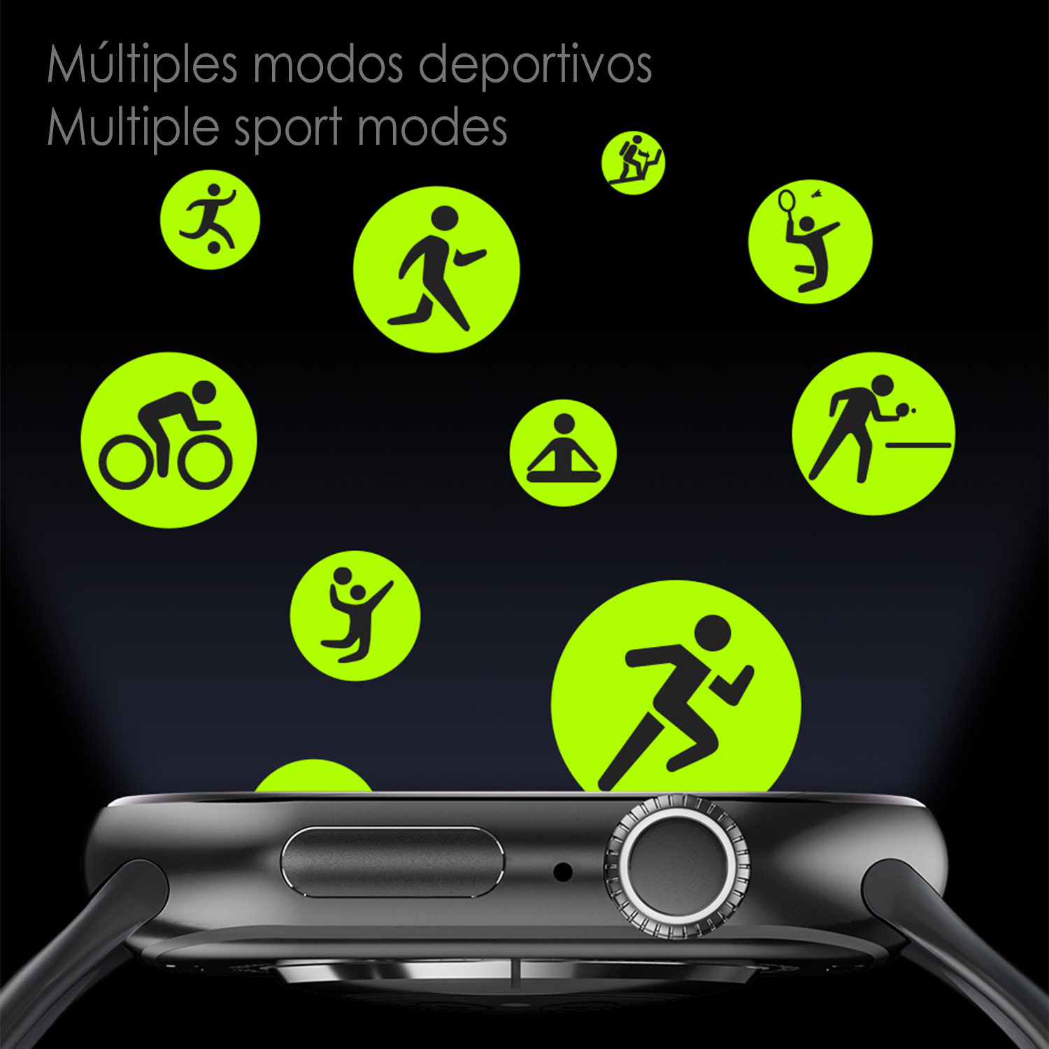 Uno smartwatch mostra più modalità sportive. Icone di corsa, ciclismo, yoga, badminton e altri sport in cerchi verdi.