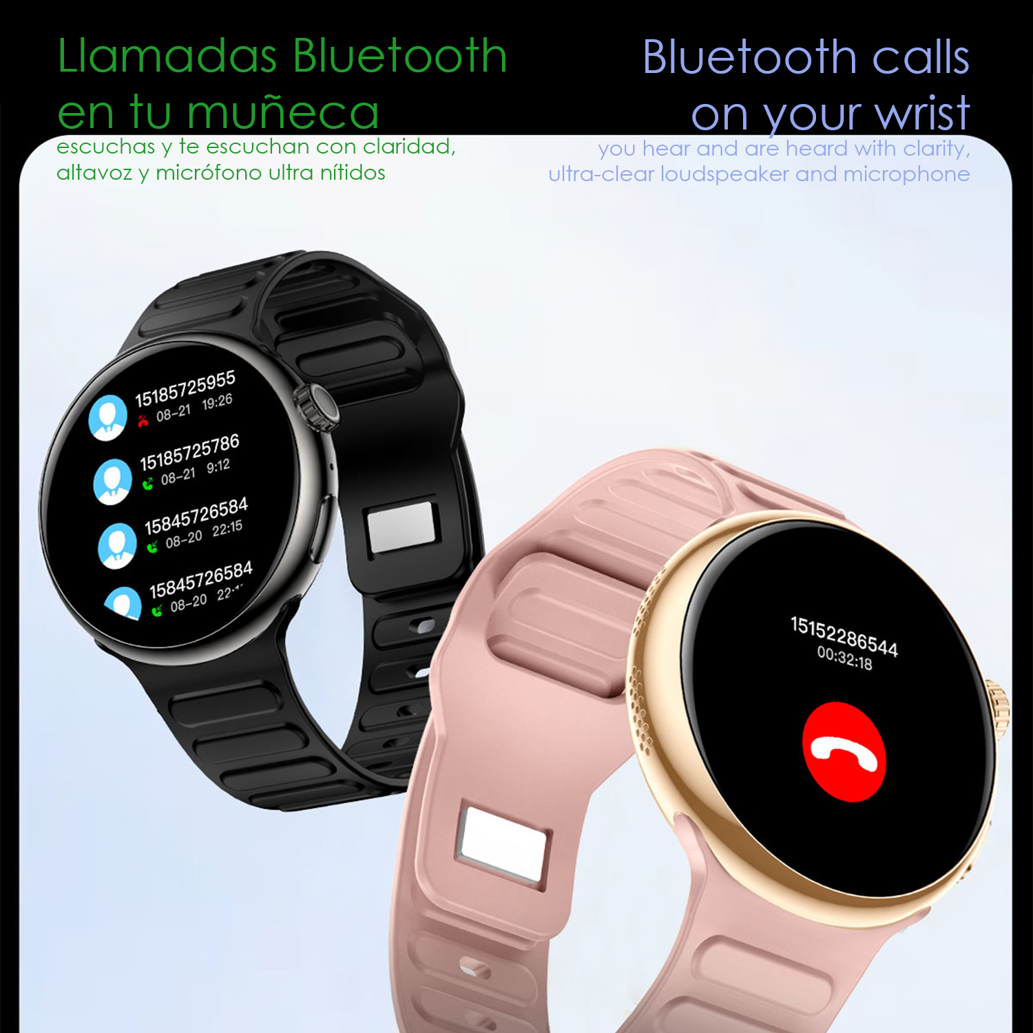 Due smartwatch, uno nero e uno rosa, che mostrano informazioni sulle chiamate. Il testo in inglese e spagnolo promuove le chiamate Bluetooth al polso.