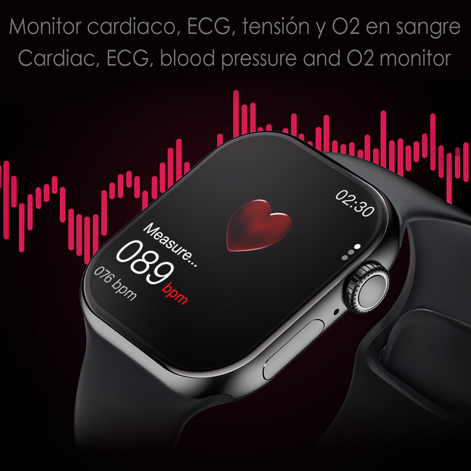 Uno smartwatch mostra un cardiofrequenzimetro con un'icona a forma di cuore rosso e segni vitali. Lo sfondo è scuro con linee rosse.
