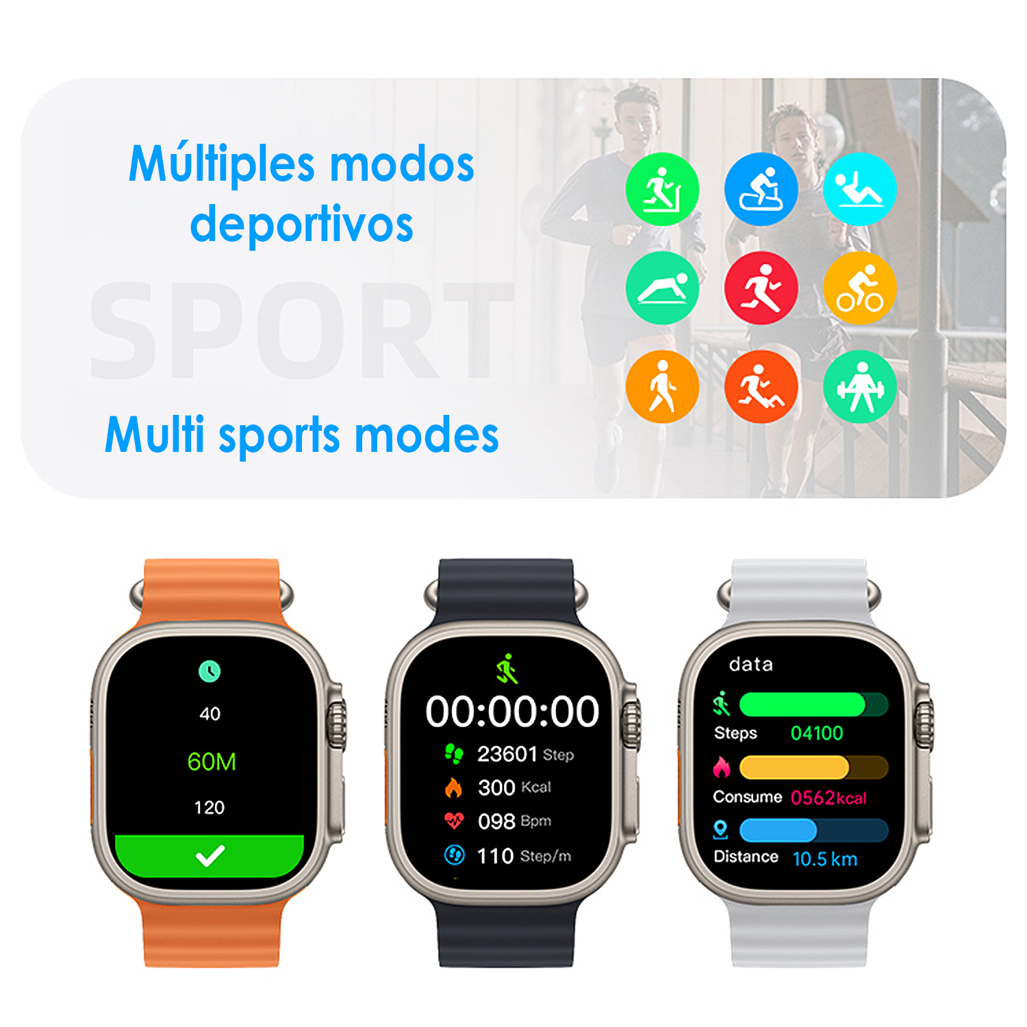 L'immagine mostra smartwatch con modalità sportive, tra cui corsa, ciclismo e altre attività. Gli orologi visualizzano dati come passi, calorie e tempo.