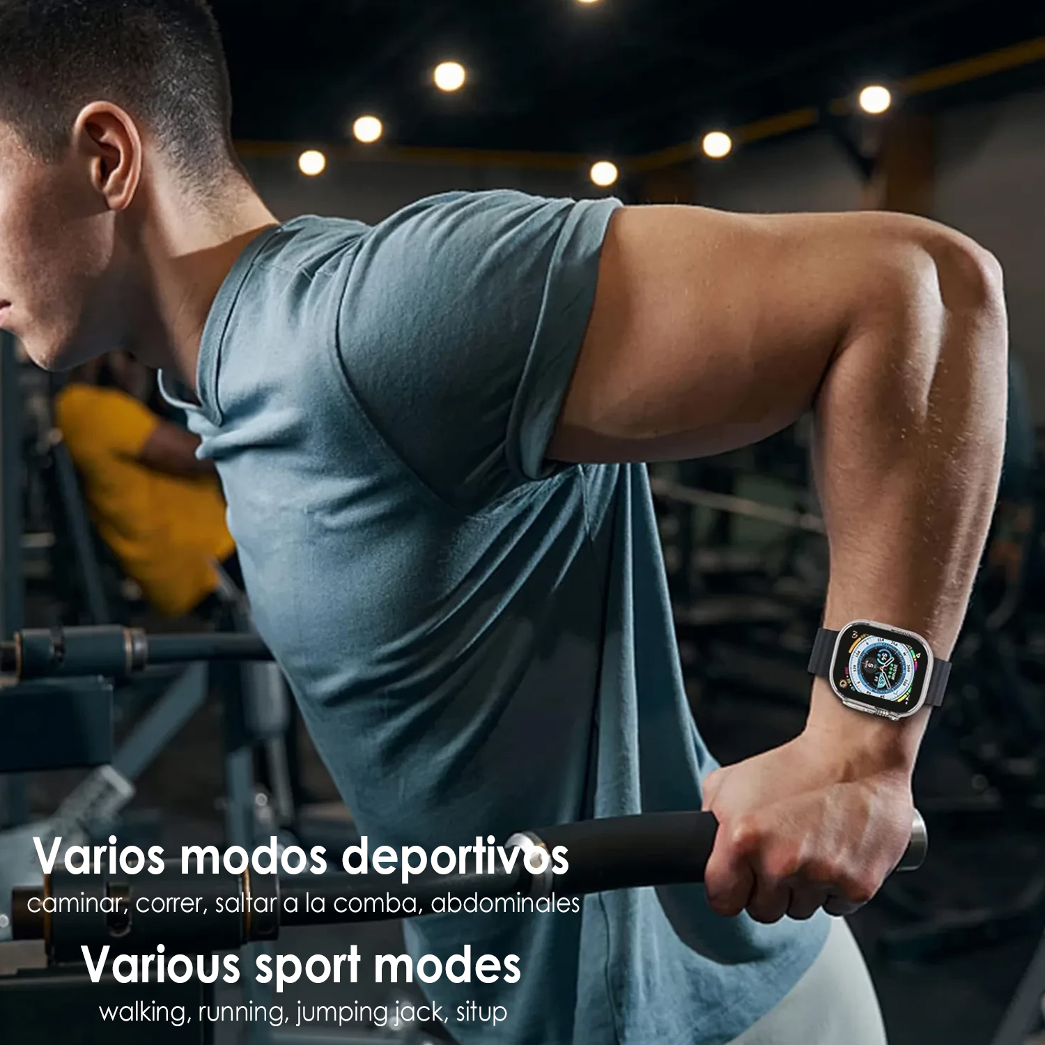 Uomo con smartwatch che si allena in palestra. Il testo menziona modalità sportive come camminare, correre e saltare.