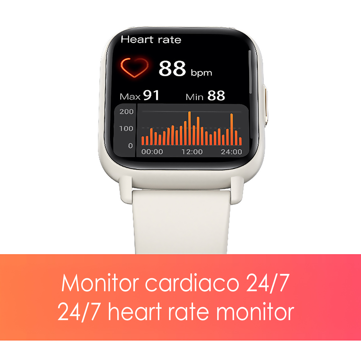 Uno smartwatch mostra la frequenza cardiaca: 88 bpm. Mostra un grafico della frequenza cardiaca su 24 ore. L'orologio ha un cinturino bianco.