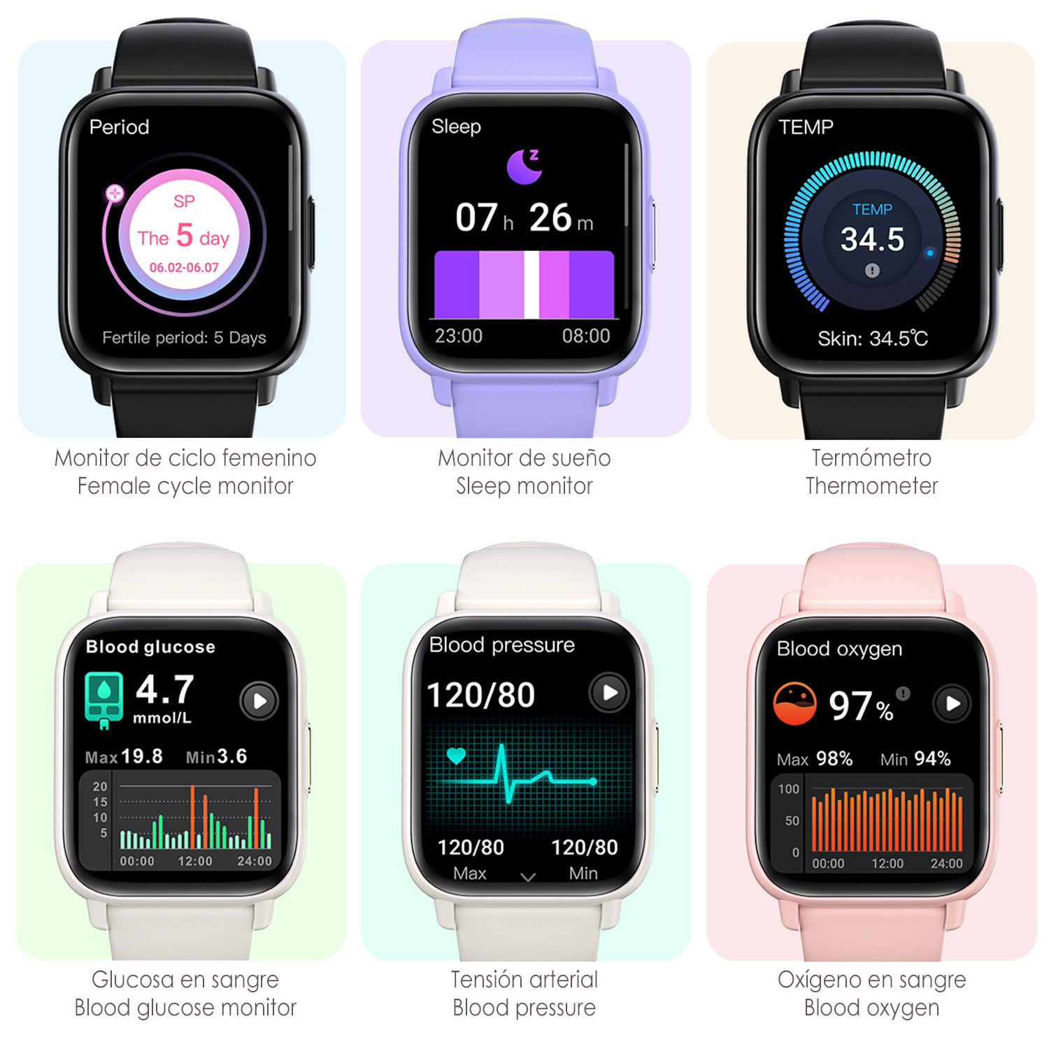 Schermi di smartwatch che mostrano periodo, sonno, temperatura, glicemia, pressione sanguigna e ossigeno nel sangue.