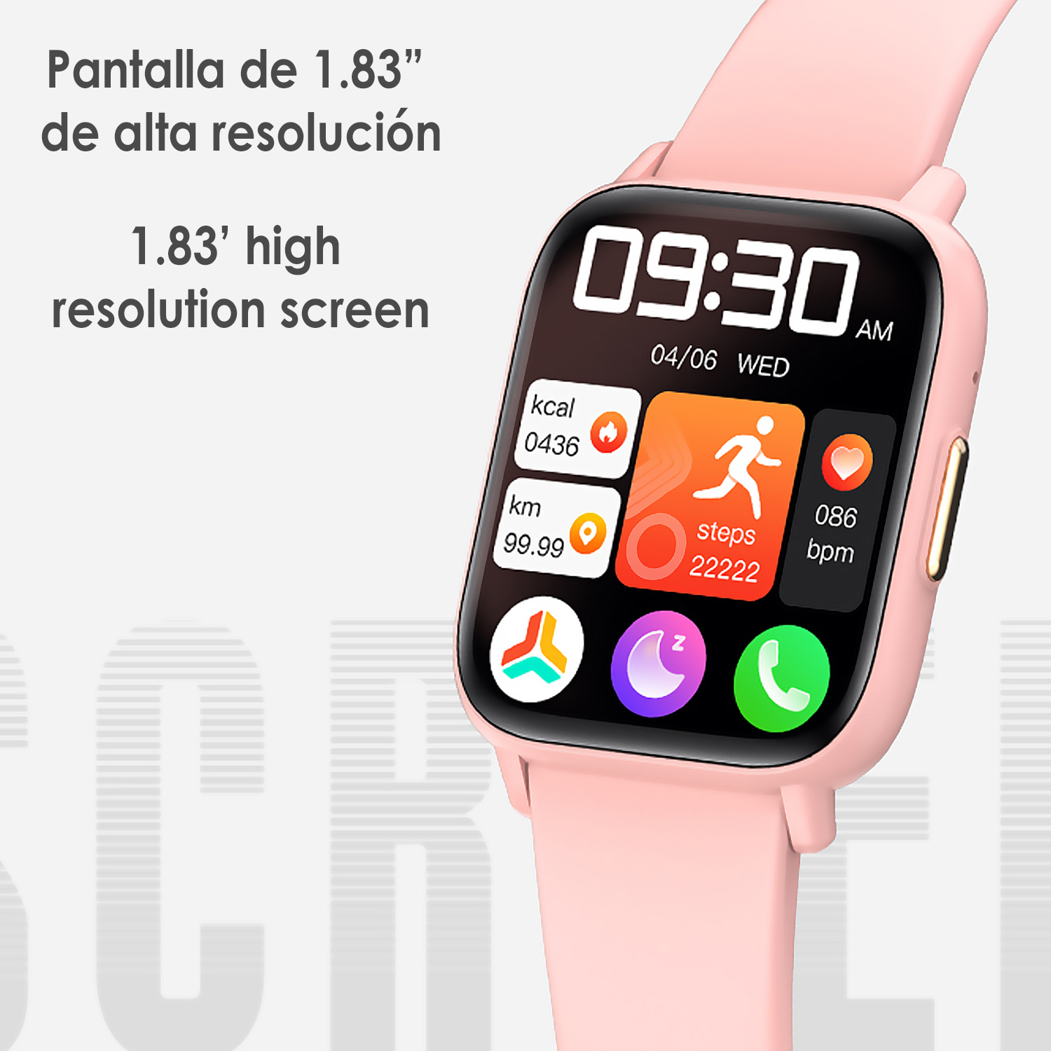 Uno smartwatch rosa mostra ora, data e metriche di salute: calorie, distanza, passi e frequenza cardiaca. Il testo menziona schermo ad alta risoluzione da 1,83".