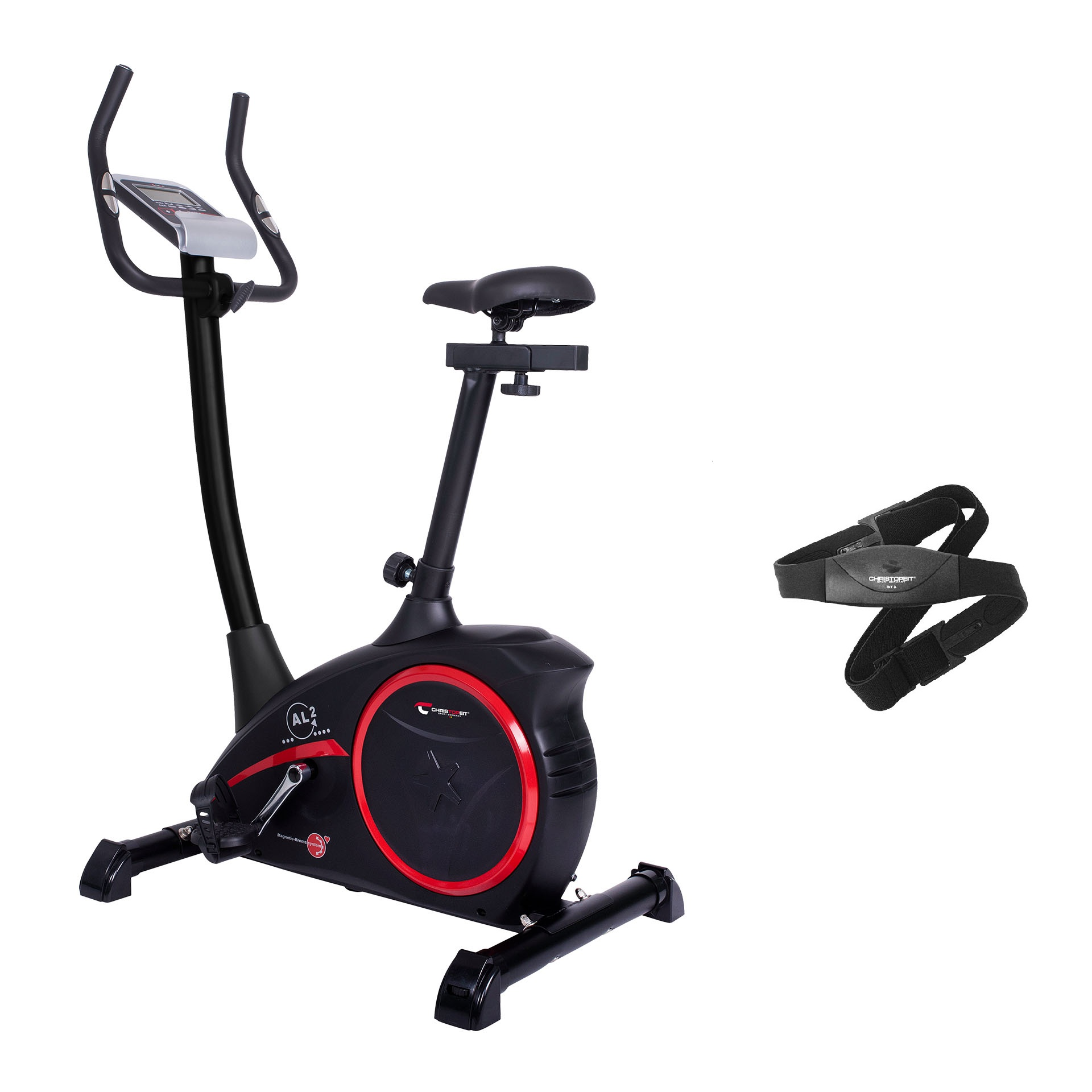 Stationäres Trainingsfahrrad, schwarz und rot, mit Herzfrequenzmesser. Weißer Hintergrund.