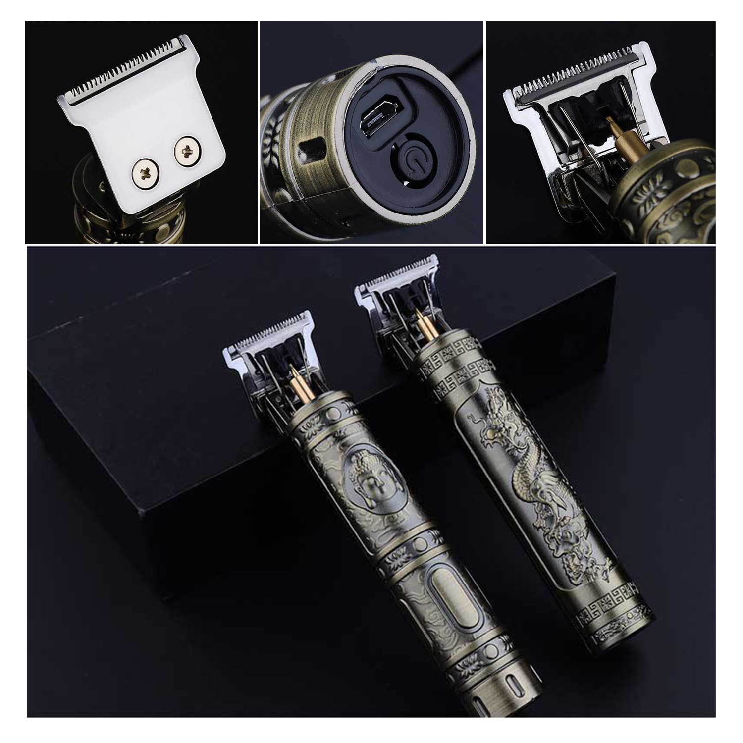 Nahaufnahme von drei Teilen eines Haarschneiders. Zwei komplette Haarschneider sind ebenfalls abgebildet. Die Haarschneider sind metallisch mit dekorativen Mustern.