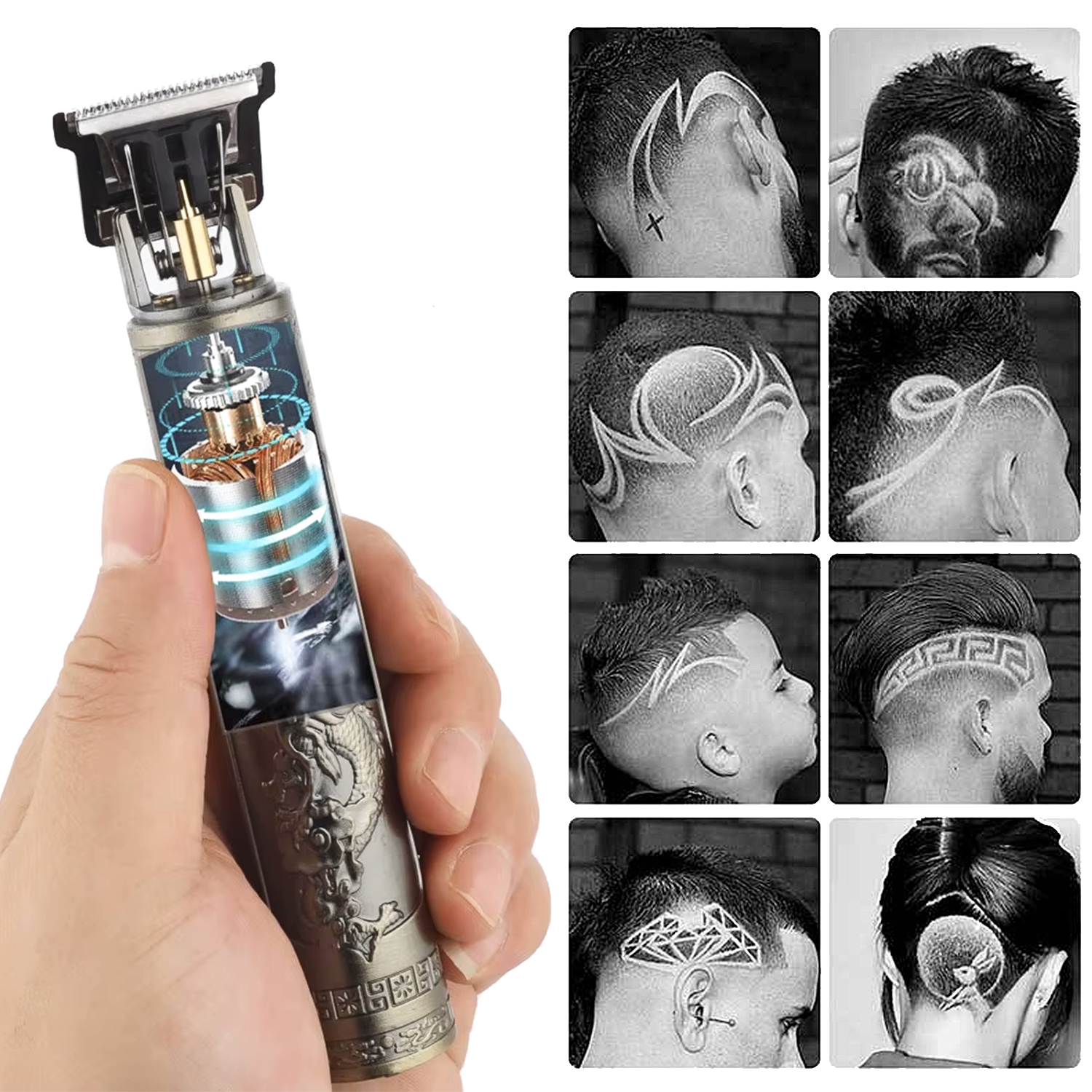 Eine Hand, die einen silber-schwarzen Haarschneider hält, mit einem Ausschnitt, der die inneren Komponenten und Haardesignbeispiele zeigt.