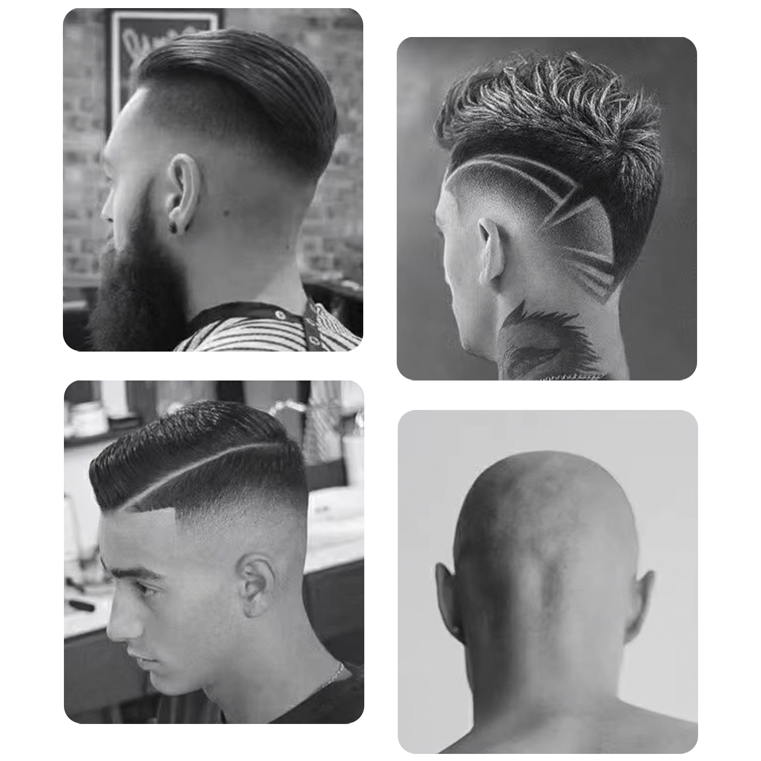 Vier Herrenfrisuren. Oben links, Seitenansicht eines Mannes mit Bart und zurückgekämmten Haaren. Die anderen zeigen verschiedene Stile.