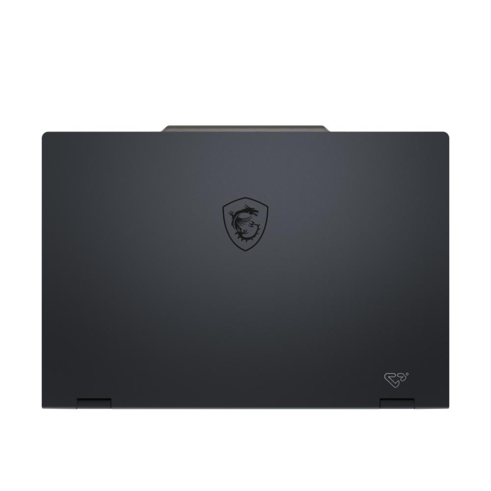 MSI logosu ve ortada stilize bir ejderha amblemi ve sağda bir sembol bulunan koyu gri bir dizüstü bilgisayarın kapağı.