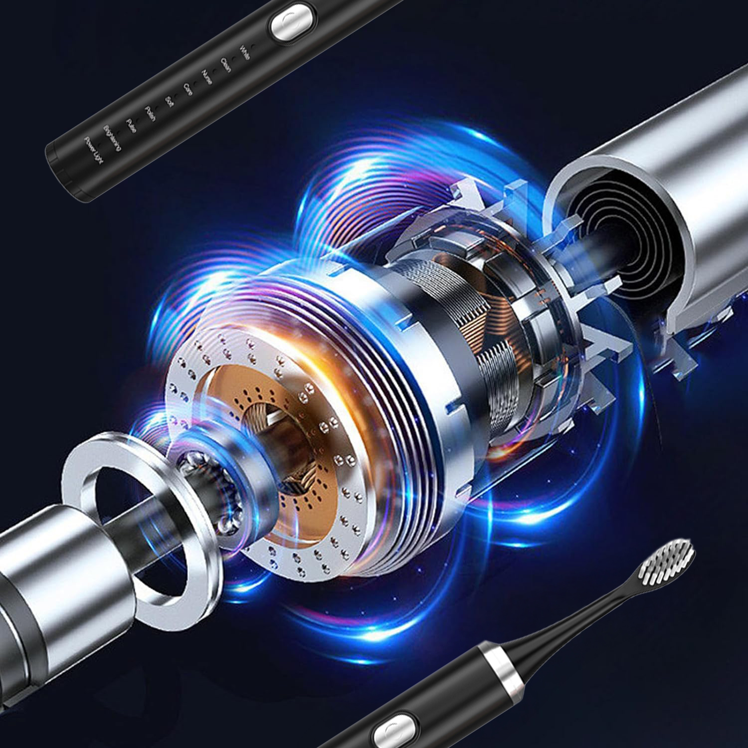 Ein elektrischer Zahnbürsten-Ausschnitt zeigt die inneren Mechanismen. Teile der Zahnbürste sind schwarz und silber, mit blauen und orangenen Akzenten.